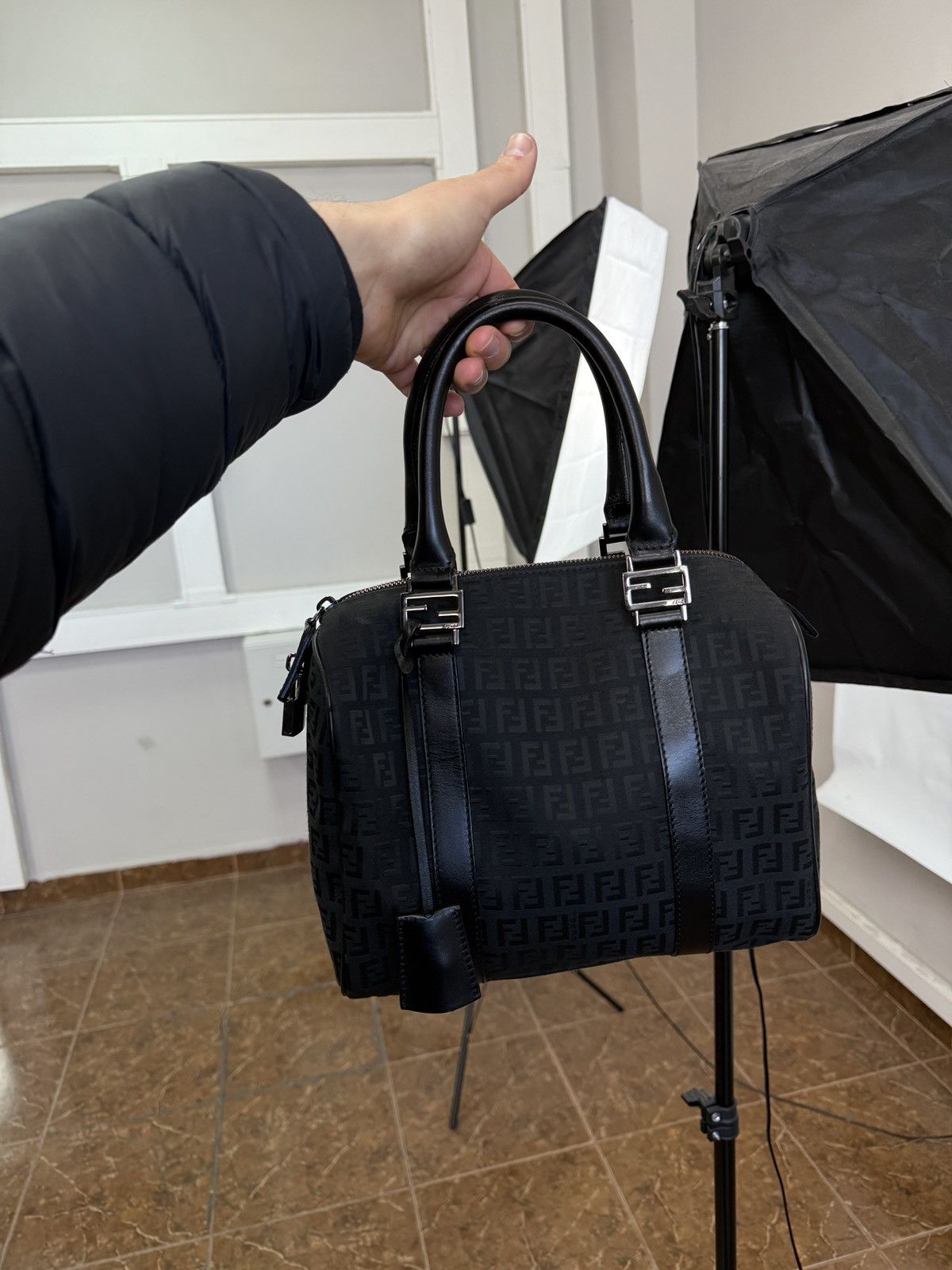 Fendi × Vintage FENDI Zucchino Mini Boston Bag Jacquard 8BL068 Black Handbag Size ONE SIZE - 1 Thumbnail
