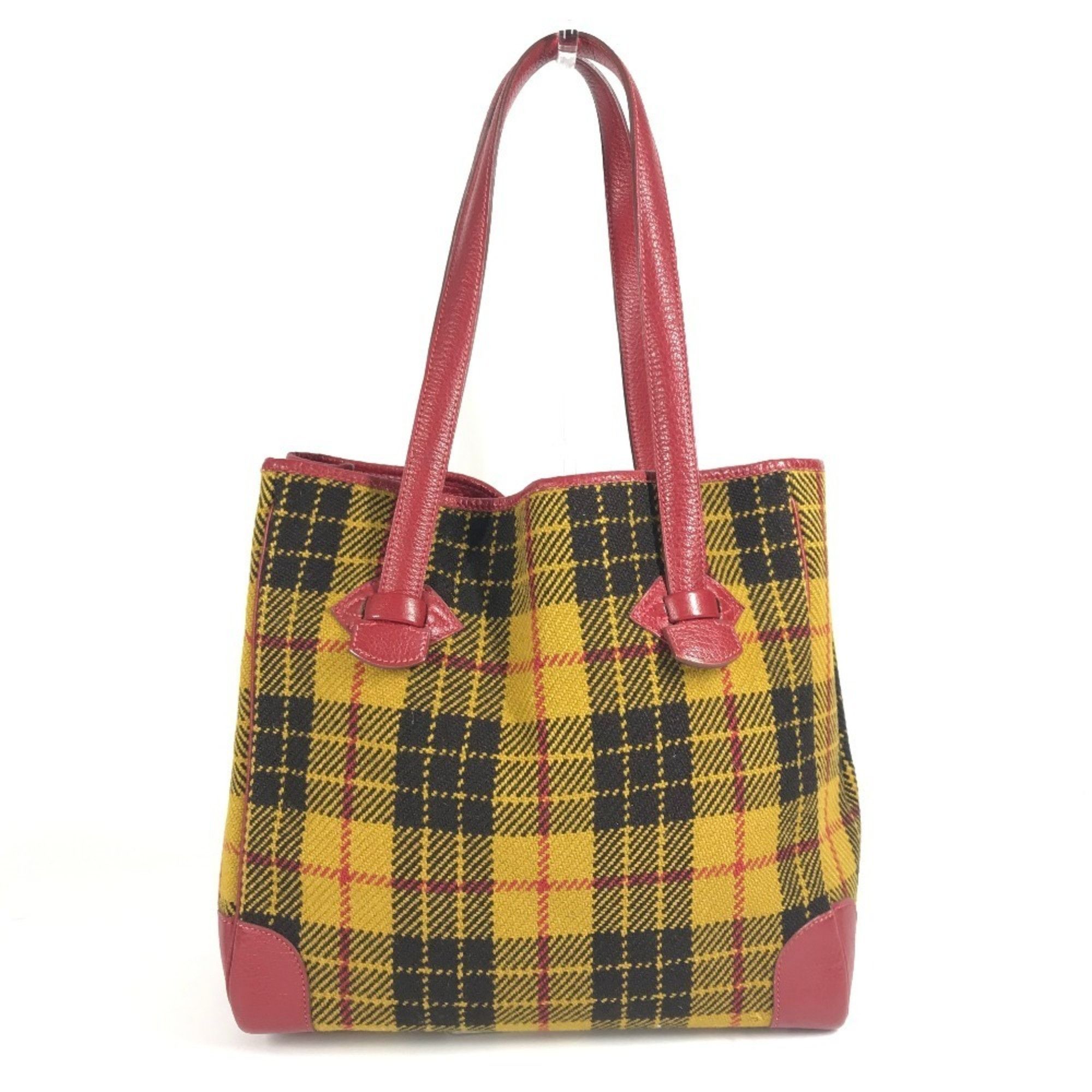 HERMES Gallop Check Tote Bag Shoulder Wool and Leather Red for Men Women