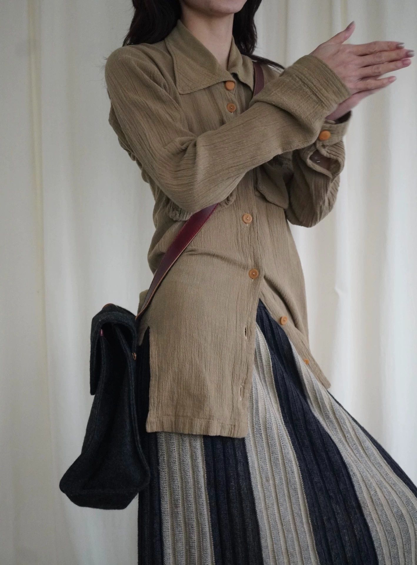 Yohji Yamamoto Yohji Yamamoto 1990s Wool Crossbody Red-Brown Leather Size ONE SIZE - 4 Thumbnail