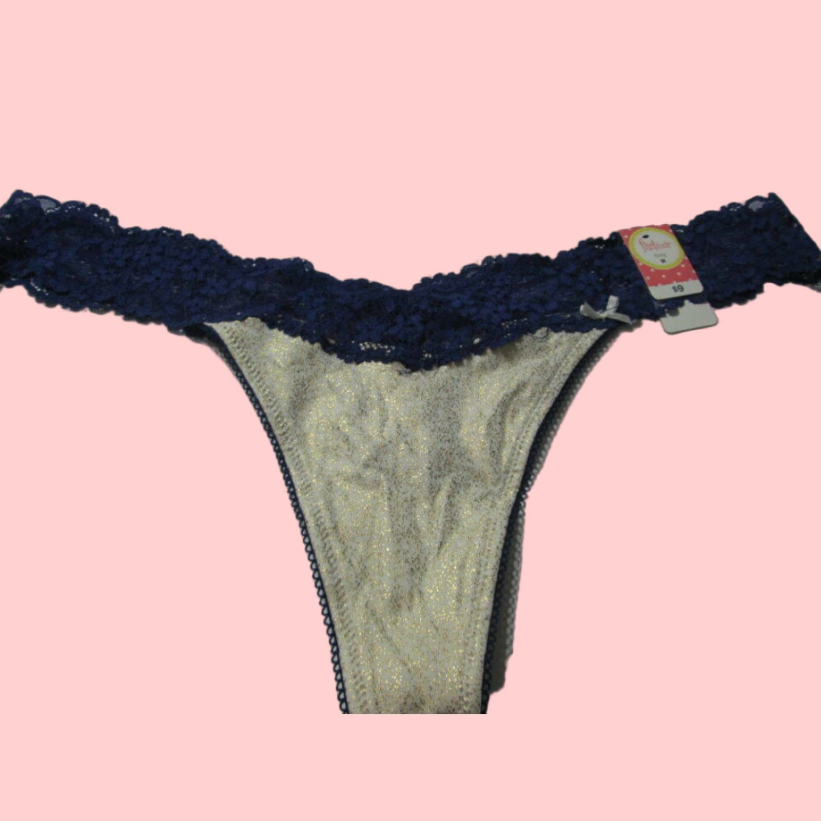 Vintage Flirtitude Womens Thong Panty Navy Golden Lace Glitter Size M Lingerie in Navy/Golden