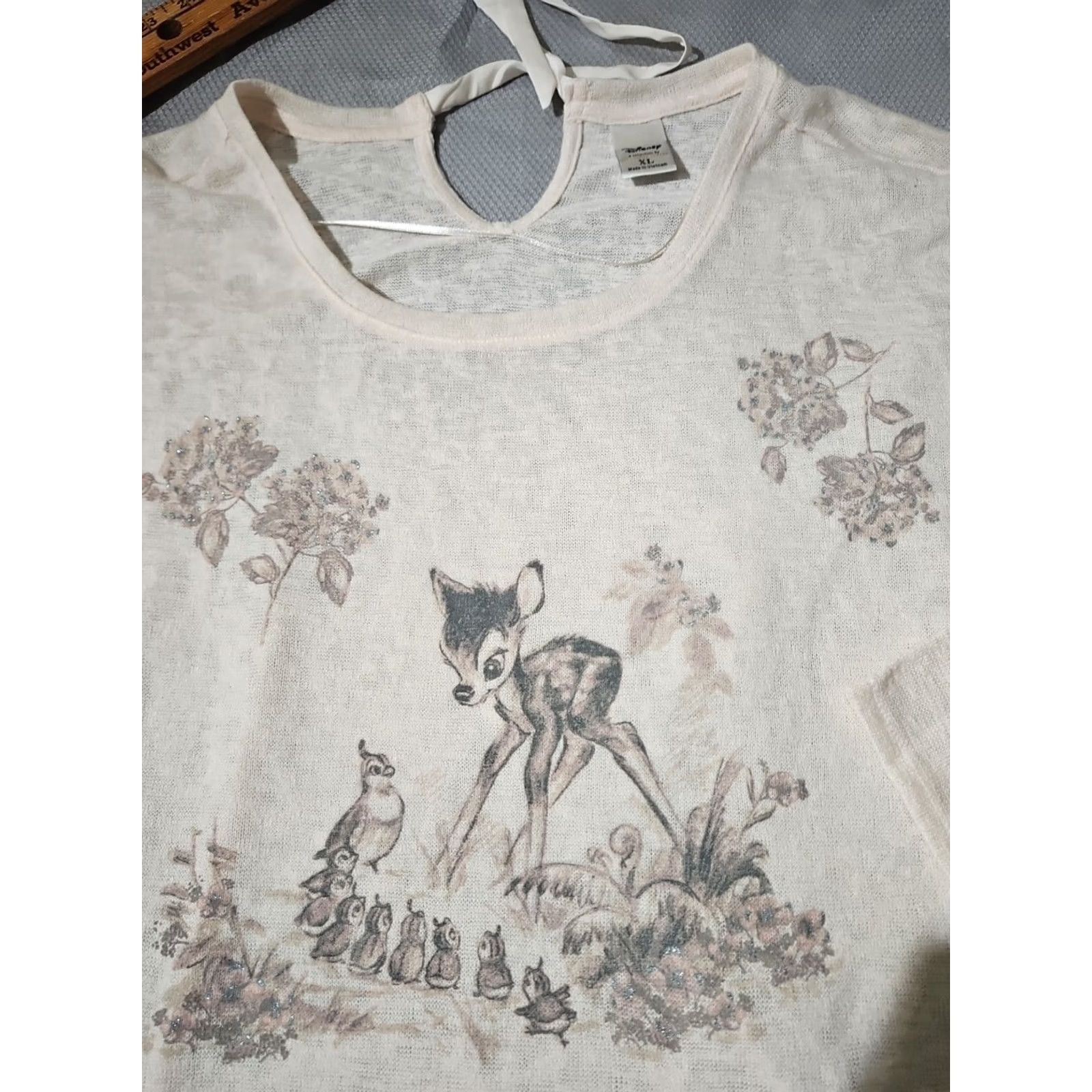 Disney Disney Lauren Conrad Shirt Womens XL Beige Bambi Graphic Print Knit Tie Neck Pullover sweater Size XL / US 12-14 / IT 48-50 - 3 Thumbnail