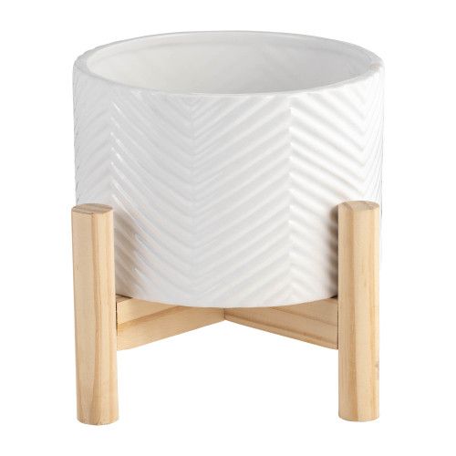 Designer × Homemade 6" CERAMIC CHEVRON PLANTER W/ WOOD STAND, WHITE Size US L / EU 52-54 / 3 - 3 Thumbnail
