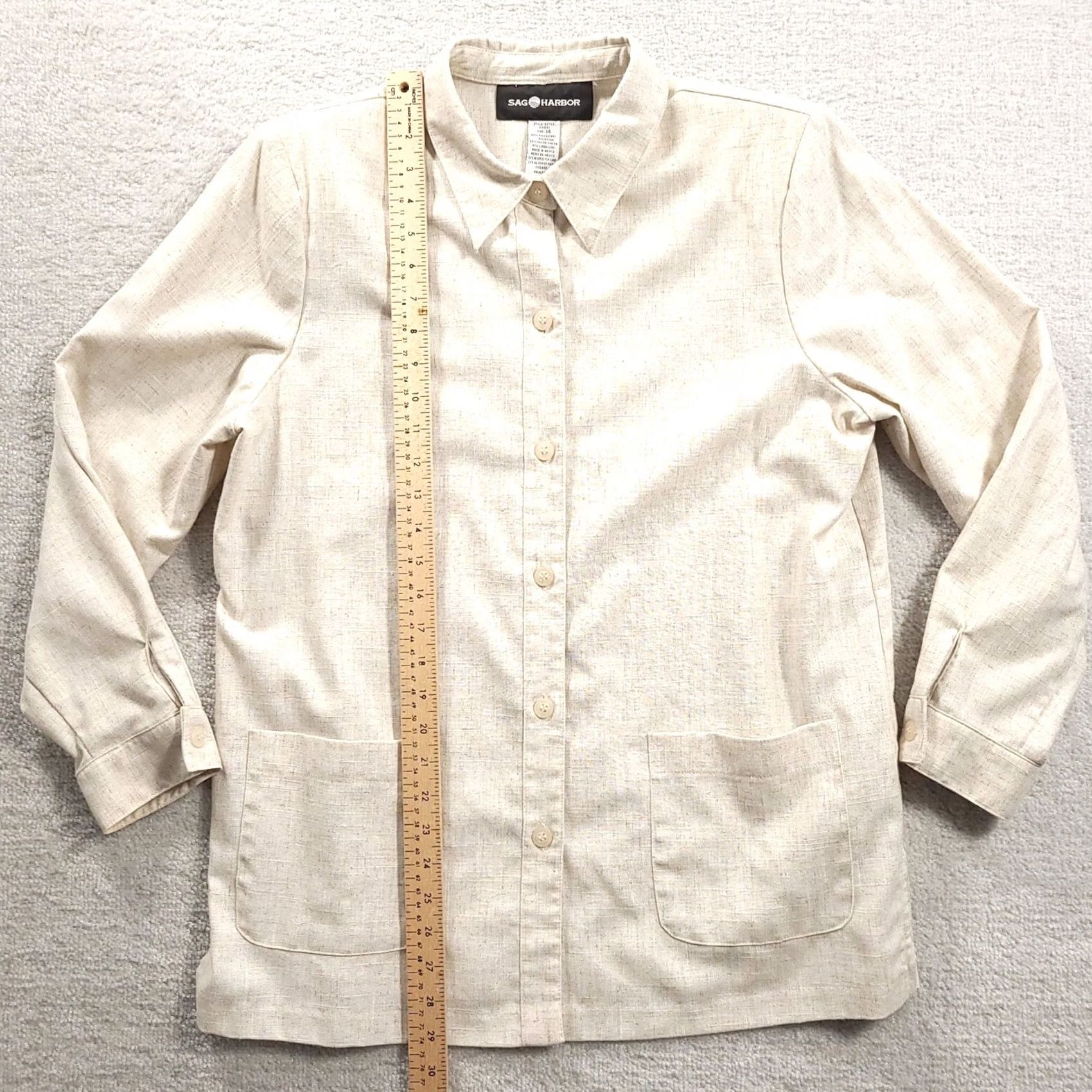 Vintage Sag Harbor Womens 14 Linen Blend Tan Beige Button-Up Top Shoulder Pads Pockets Shirt Casual Womens Size XL / US 12-14 / IT 48-50 - 5 Thumbnail