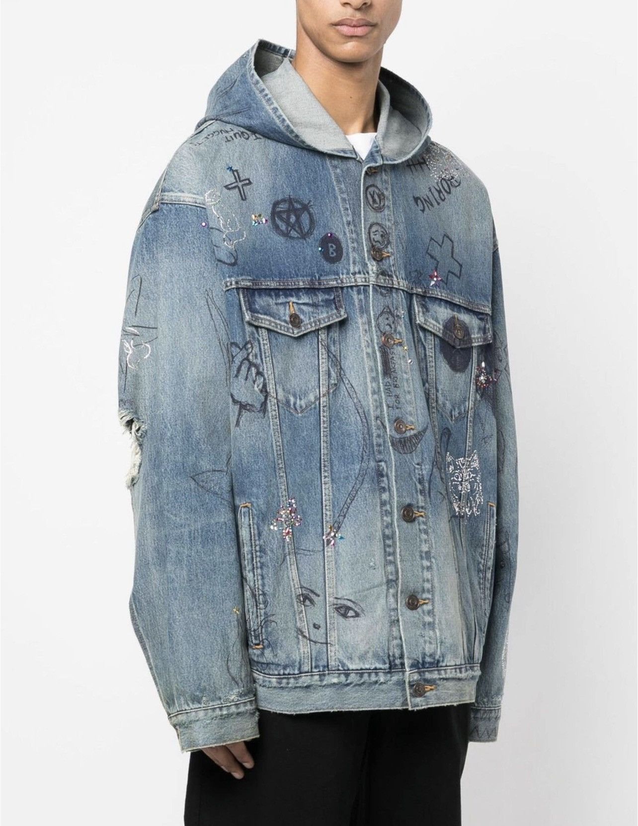 Balenciaga Scribble Hooded Denim Jacket Size US L / EU 52-54 / 3 - 2 Thumbnail