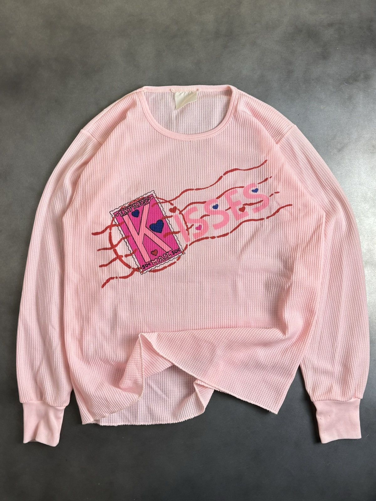 Fruit Of The Loom × Hanes × Vintage 1980s Vintage Thermal Longsleeve Express Kisses Print Waffle Size US S / EU 44-46 / 1 - 2 Thumbnail