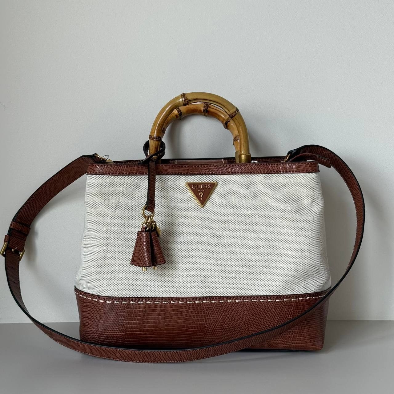 Guess Guess Zabry Bamboo Satchel Large Beige Brown Bag New Size ONE SIZE - 1 Thumbnail