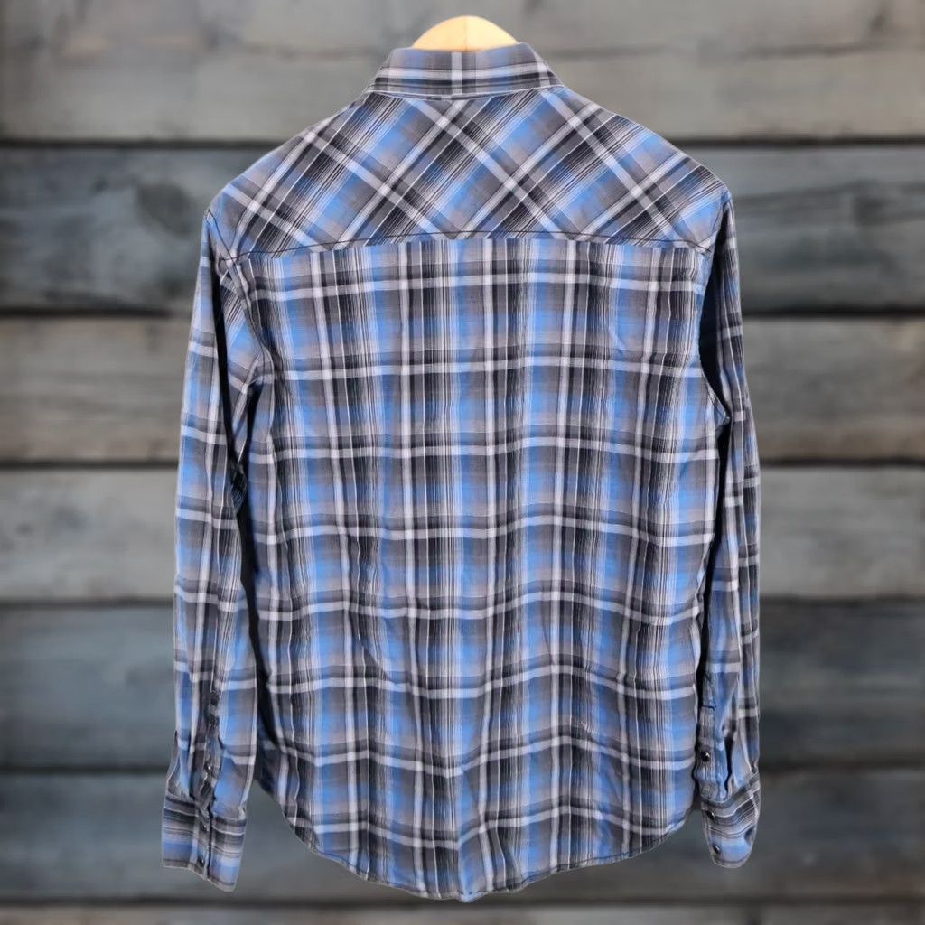 Vintage Rock & Roll Cowboy Shirt Men's Large Blue Plaid Pearl Snap Roll Tab Sleeves Size US L / EU 52-54 / 3 - 1 Thumbnail