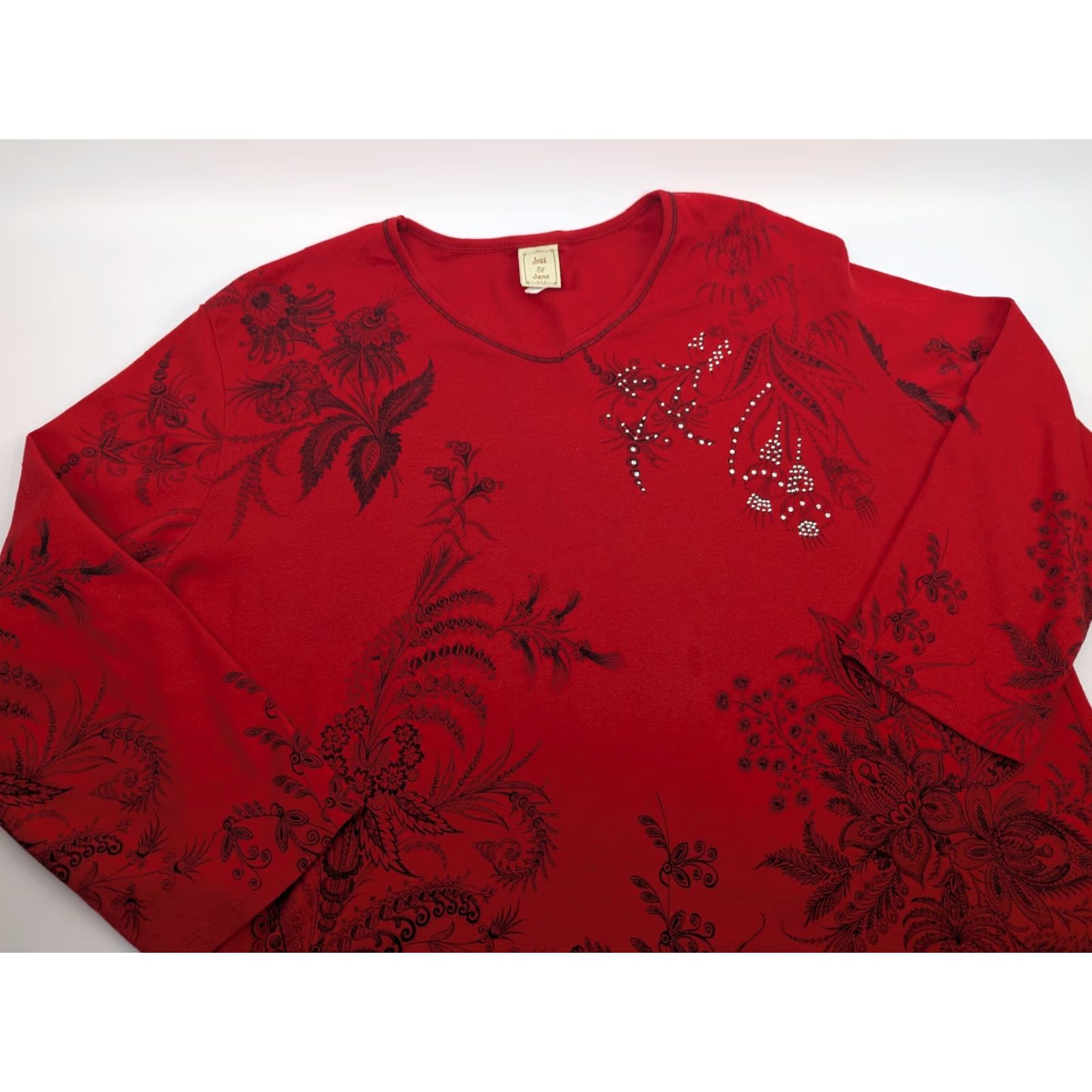 Vintage Jess & Jane Rhinestone Flower Print Red Tunic Top Shirt Blouse USA Women's Vintage Size XXL / US 16-18 / IT 52-54 - 2 Thumbnail