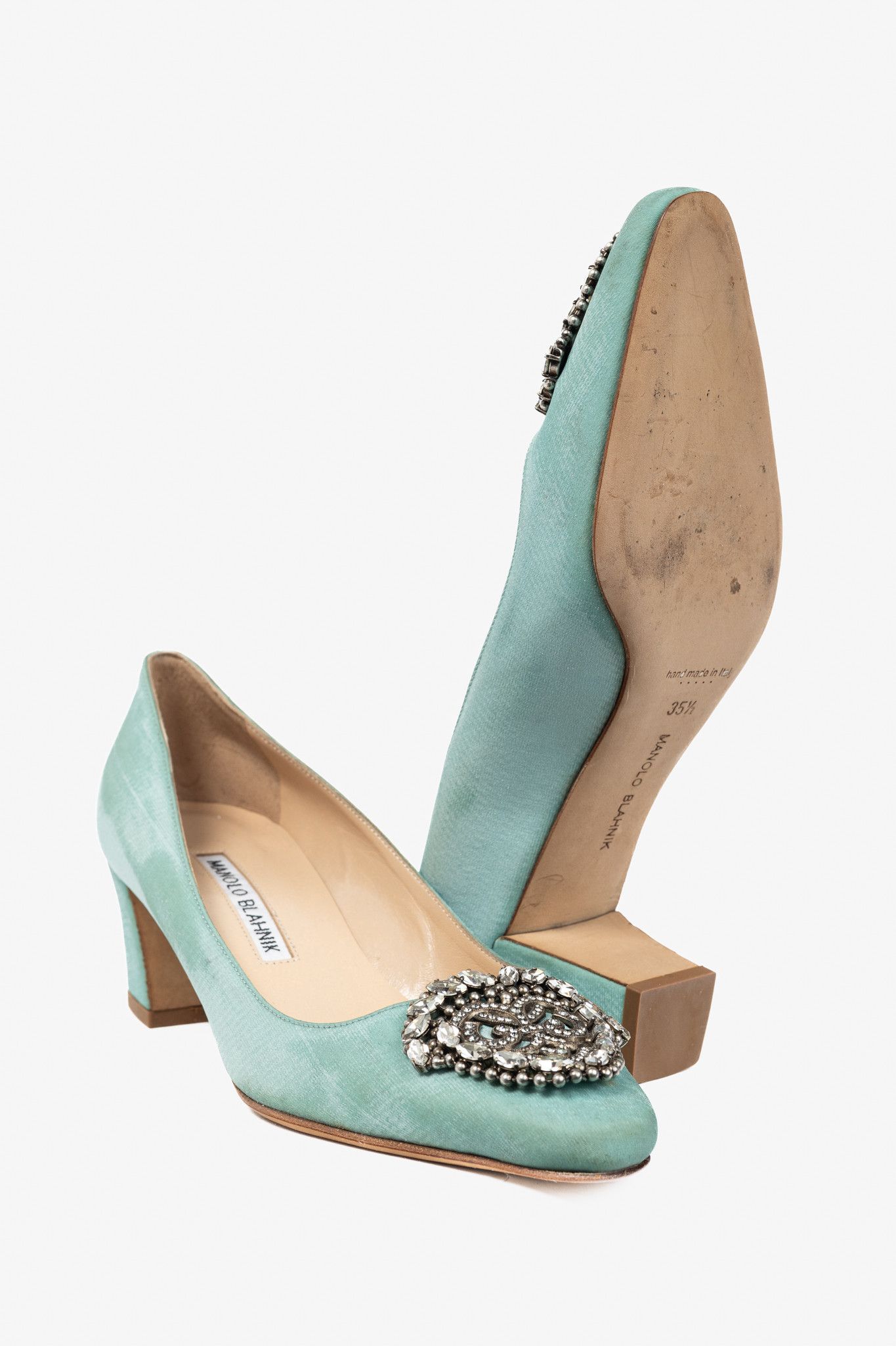 Manolo Blahnik Manolo Blahnik Okkato Teal Crêpe De Chine Jewel Buckle Pumps Size US 5 / IT 35 - 5 Thumbnail