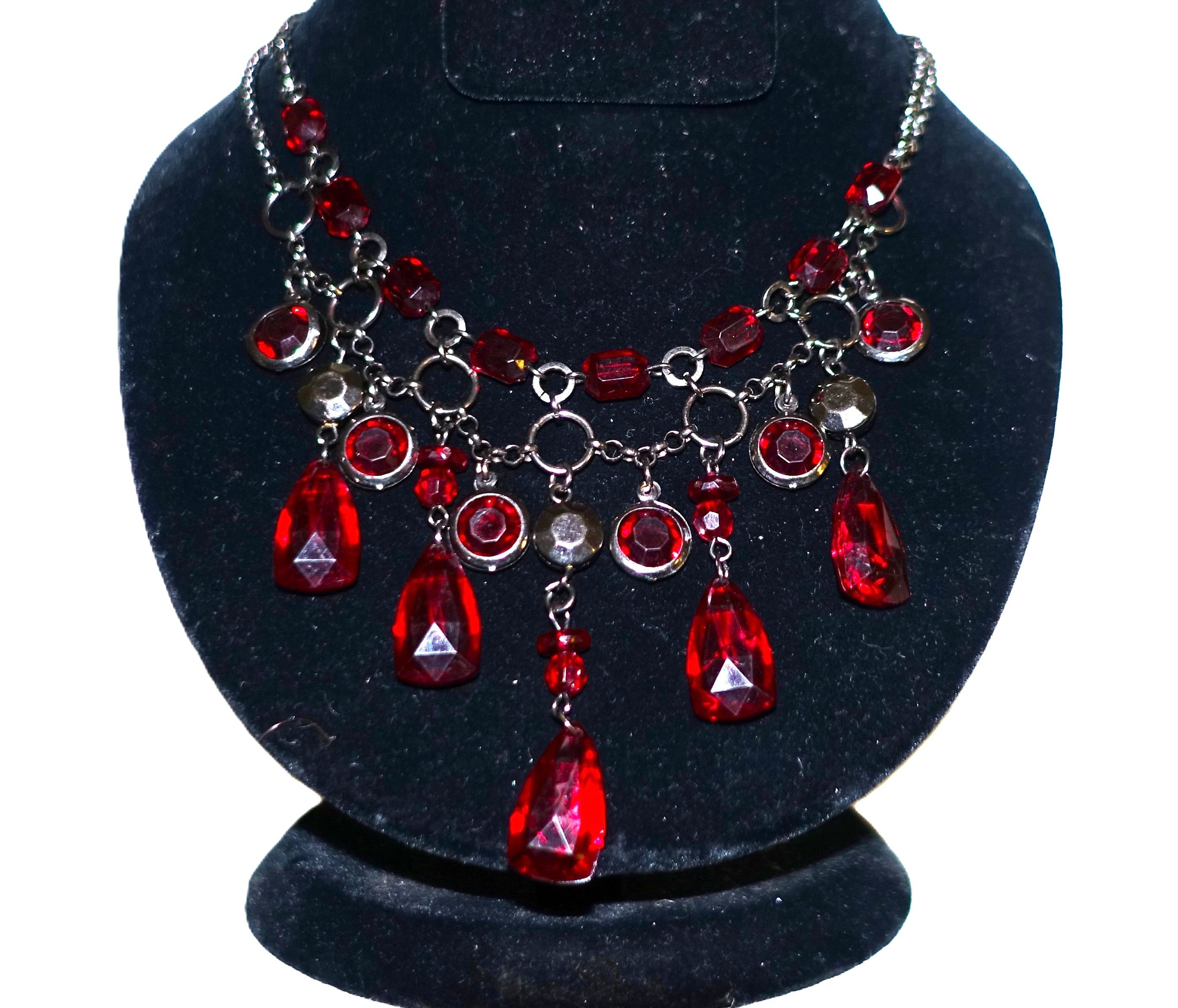 Other Silver Tone Burgundy Drop Beaded Goth Necklace Size ONE SIZE - 1 Thumbnail