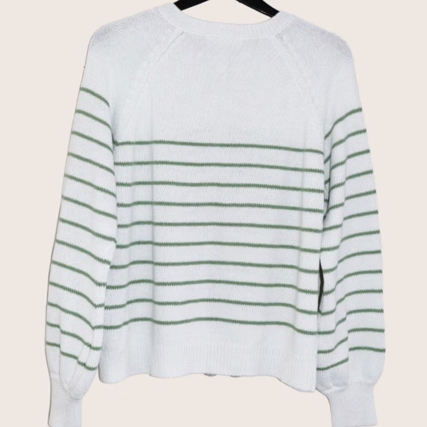 Vintage VINTAGE Outfit Of The Day Jumper Size M/L Womens White Green Striped 1/4 Button New with tags made in Italy and the lower sleeve areas Balloon out. Size M / US 6-8 / IT 42-44 - 1 Thumbnail