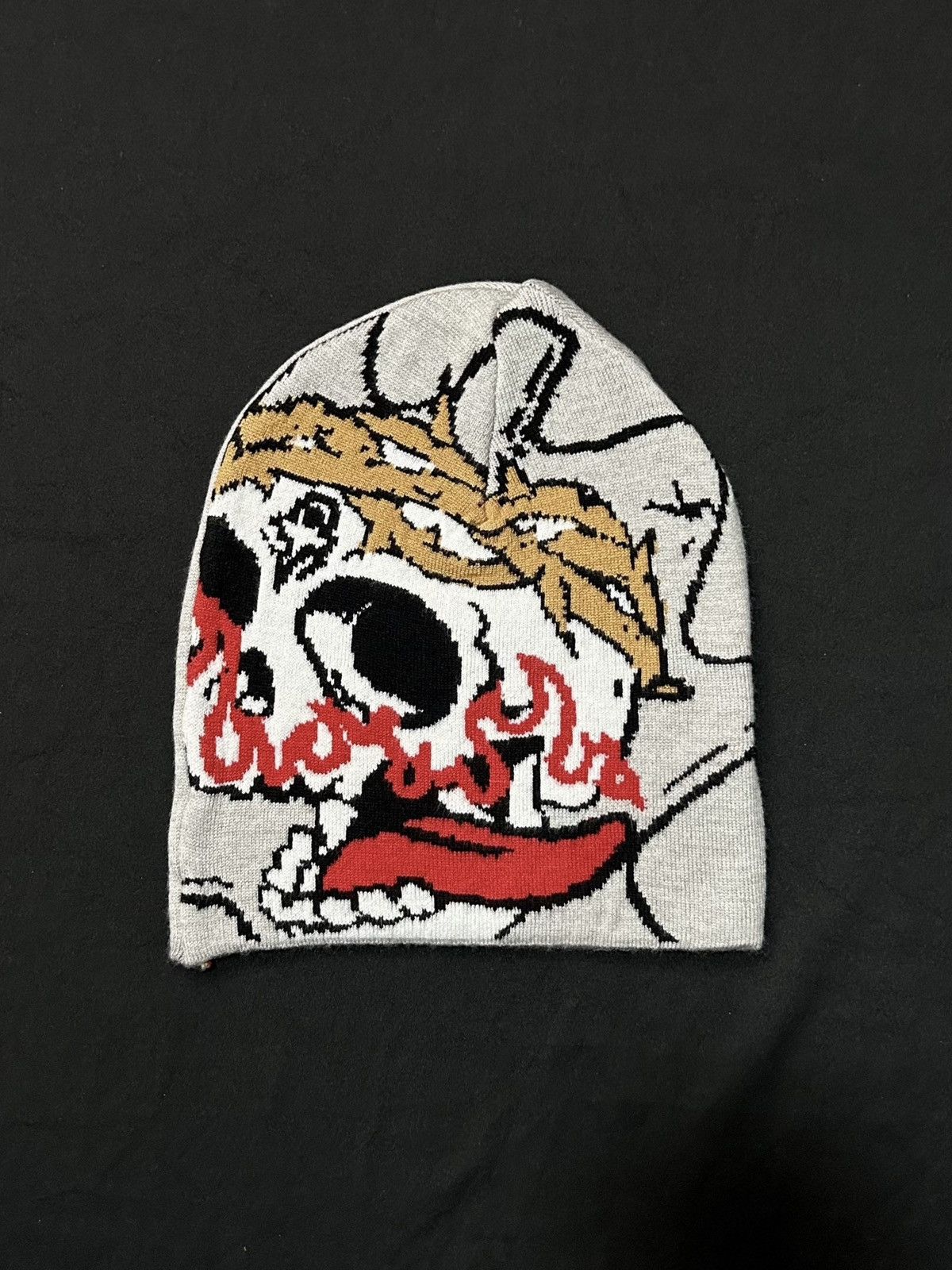 Japanese Brand Deadstock Glo Skull Graphic No Cuff Knit Gray Beanie Hats OS Size ONE SIZE - 1 Thumbnail