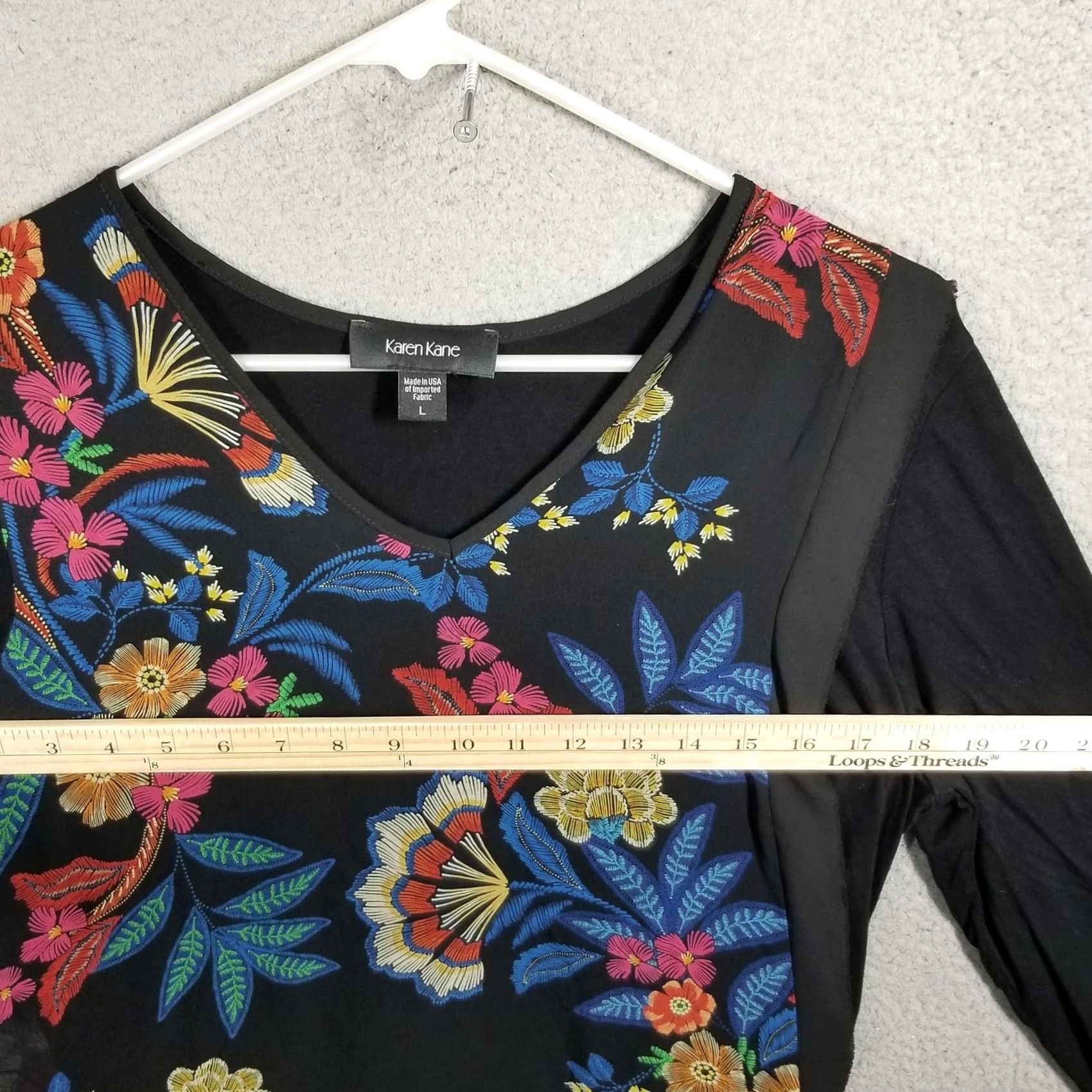 Vintage Karen Kane Blouse Womens Large Black Floral V Neck 3/4 Sleeve Tunic Top Stretch Size L / US 10 / IT 46 - 6 Thumbnail