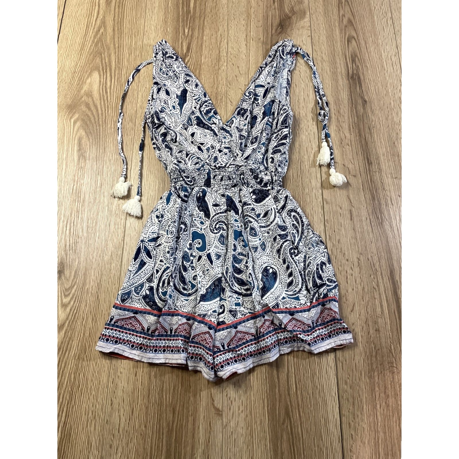 Vintage BeBop Tie Dye Sleeveless Romper Shorts Set for Teens, Blue & White, Casual Bohemian Beach Summer Spring, Size Small Size S / US 4 / IT 40 - 6 Thumbnail