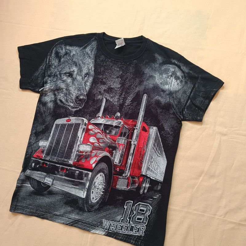 Fruit Of The Loom Truckers Black Tshirt Big Graphic Print Wolf Truck Mens M Size US M / EU 48-50 / 2 - 2 Thumbnail