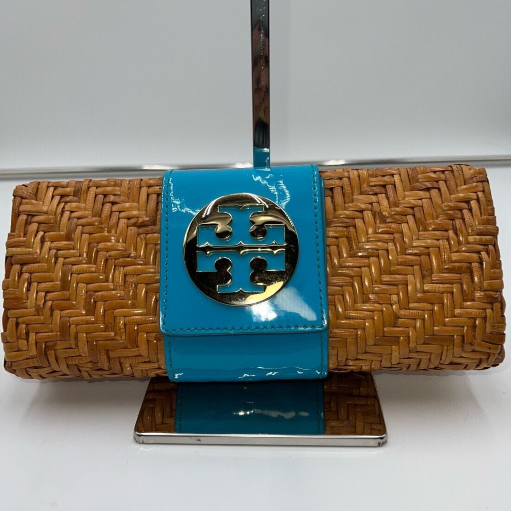 Tory Burch Patent Leather and Wicker Snap Closure Clutch Bag **see photos and description