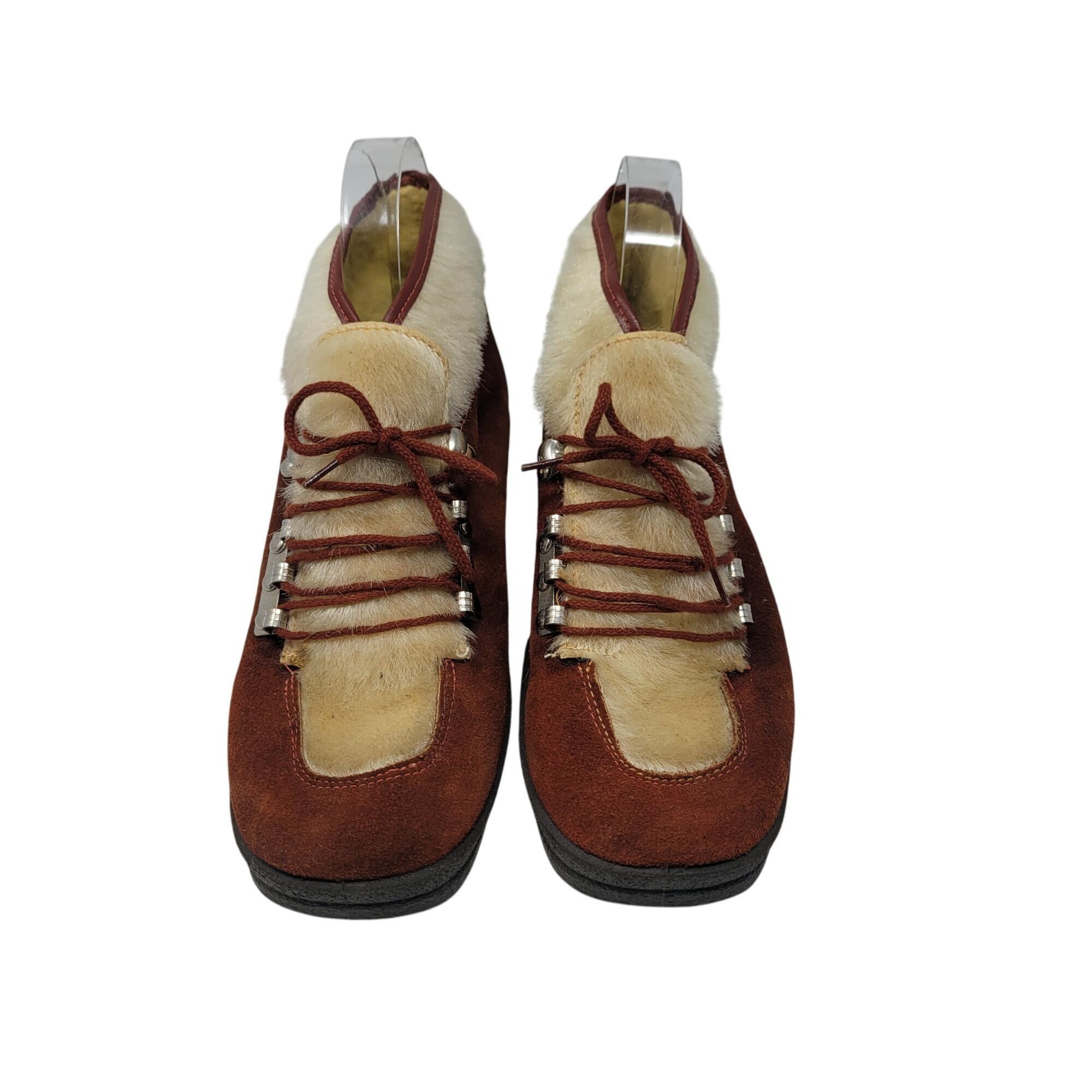 Vintage Vtg Italian Snow Boots Rust Suede Cream Faux Fur Lace-Up Ank Size US 6 / IT 36 - 2 Thumbnail