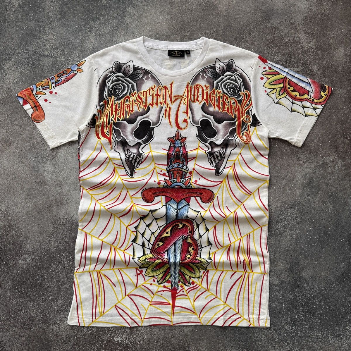 Christian Audigier Christian Audigier (Ed Hardy) Y2K Rhinestones Skulls T-Shirt Size US XL / EU 56 / 4 - 1 Thumbnail