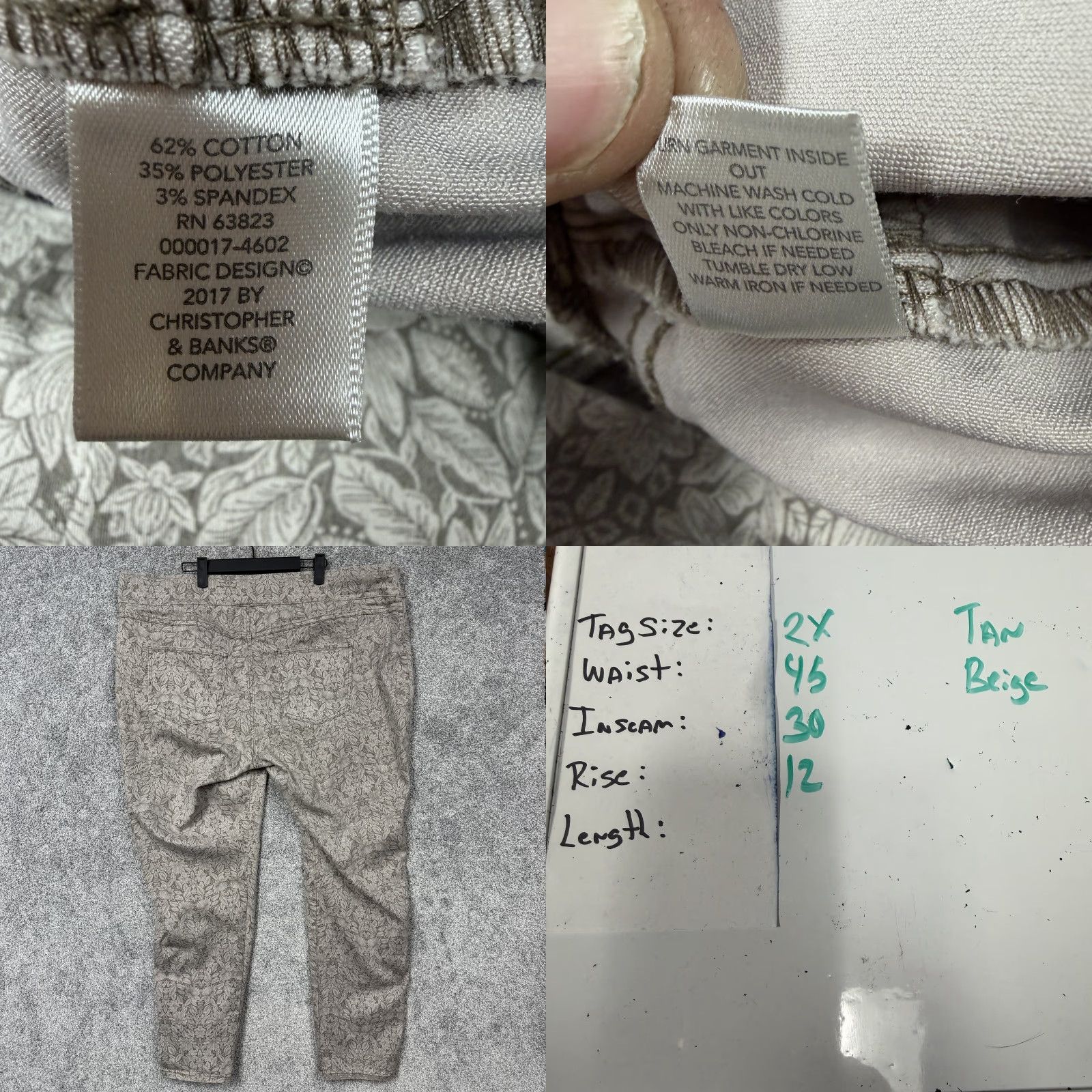 Vintage VINTAGE? No. CJ Banks Pants Womens 2X 45x30 Tan Beige Floral Tapered Stretch Pull On Size 40" / US 18 - 8 Thumbnail