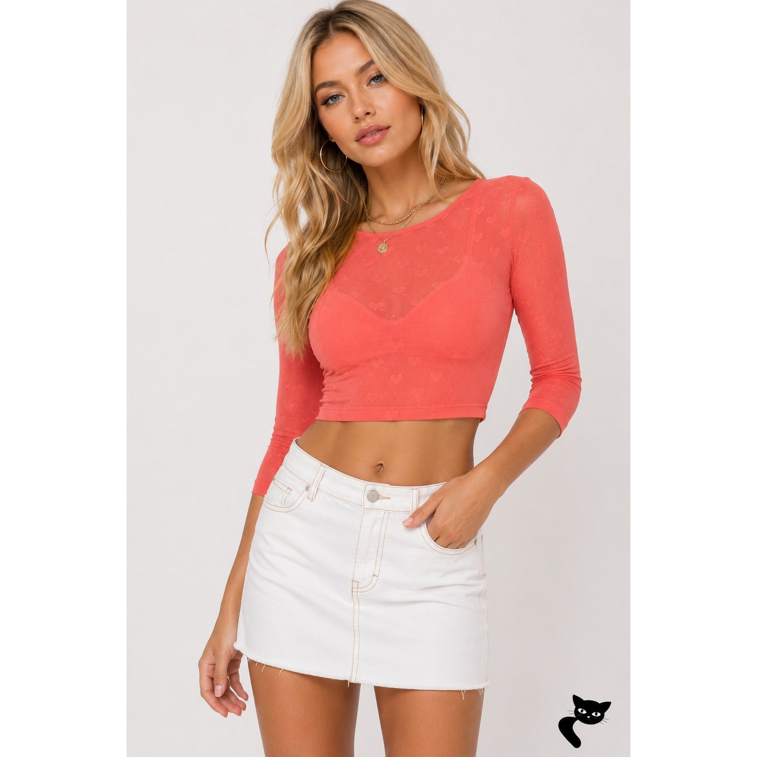 Other NWT Peach Coral Sheer Heart Design Crop Top 3/4 sleeve Size M / US 6-8 / IT 42-44 - 3 Thumbnail