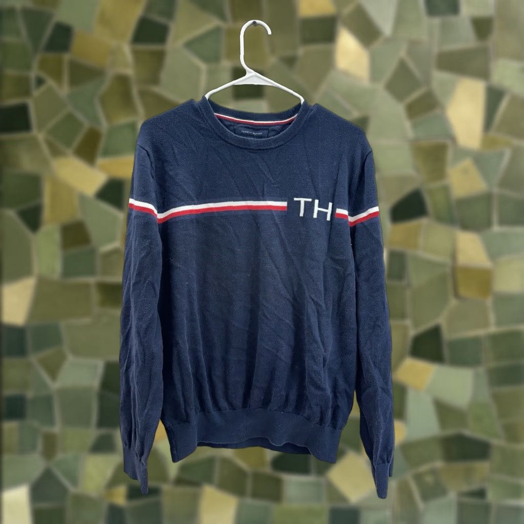 Tommy Hilfiger Tommy Hilfiger Mens Sweater Navy-Blue Long Sleeve Cotton TH Logo Size US L / EU 52-54 / 3 - 1 Thumbnail