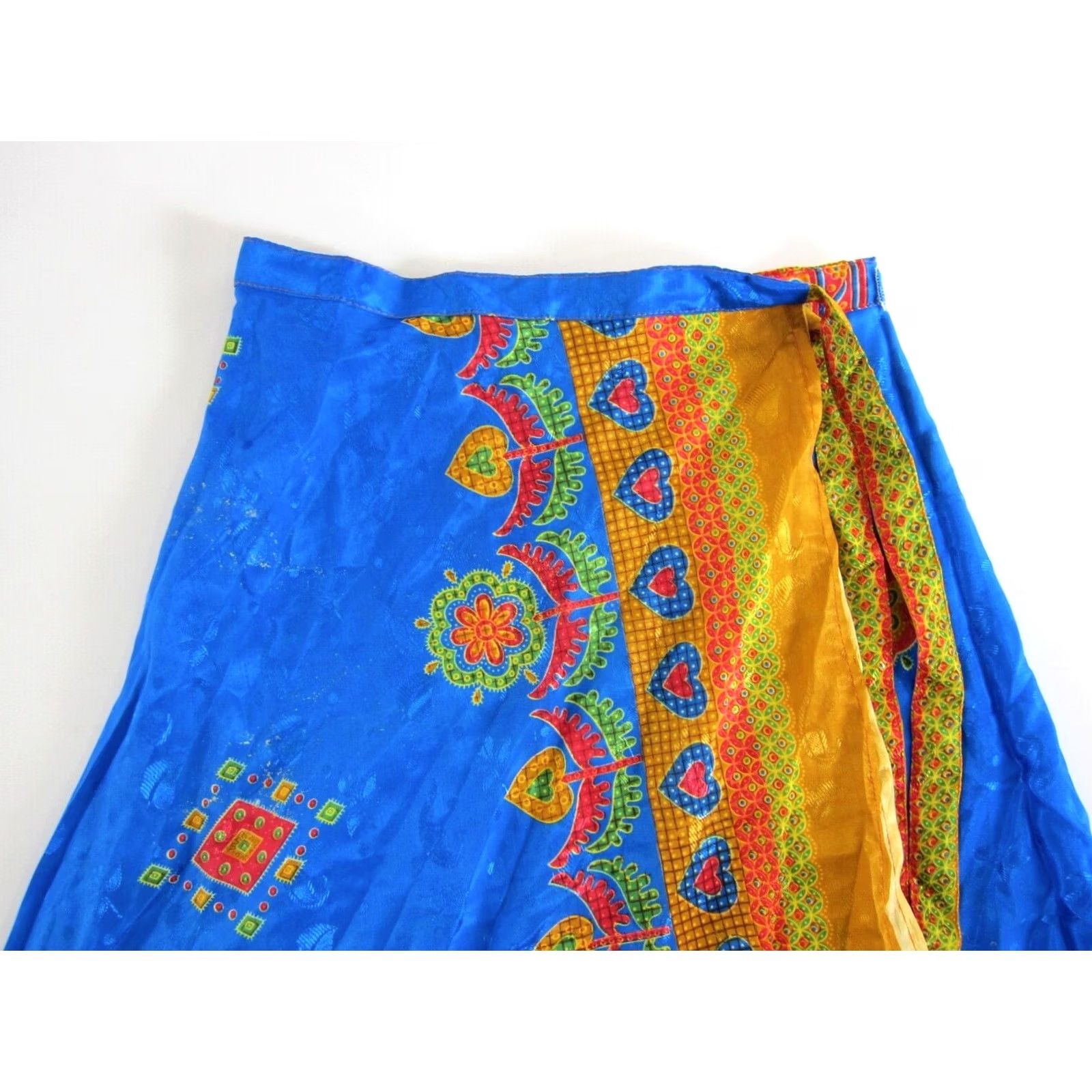 Vintage VINTAGE India Silk Blue Red Yellow Floral Paisley Long Reversible Wrap Skirt Size 36" / US 14 / IT 50 - 3 Thumbnail