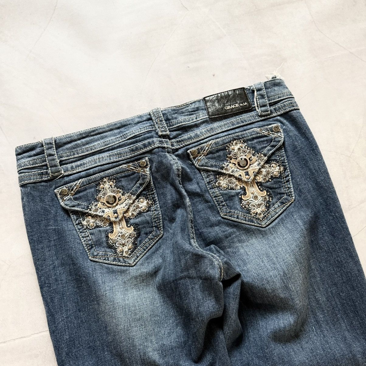 Undercover Y2K Crosses Hysteric Glamour Style ERD Jeans Ed Hardy Vibe Size 31" - 4 Thumbnail
