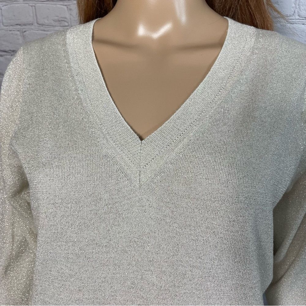 Banana Republic Banana Republic V-Neck Silk Blend Light Grey Sparkle Sweate Size L / US 10 / IT 46 - 2 Thumbnail