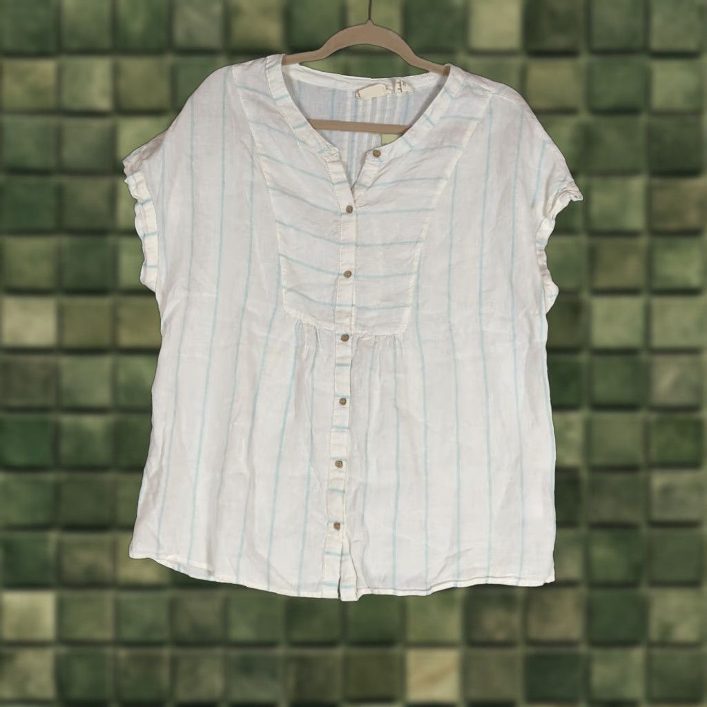 Christian Siriano Christian Siriano New York Women's Blouse White Striped Linen Short Sleeve Sz L Size L / US 10 / IT 46 - 1 Thumbnail