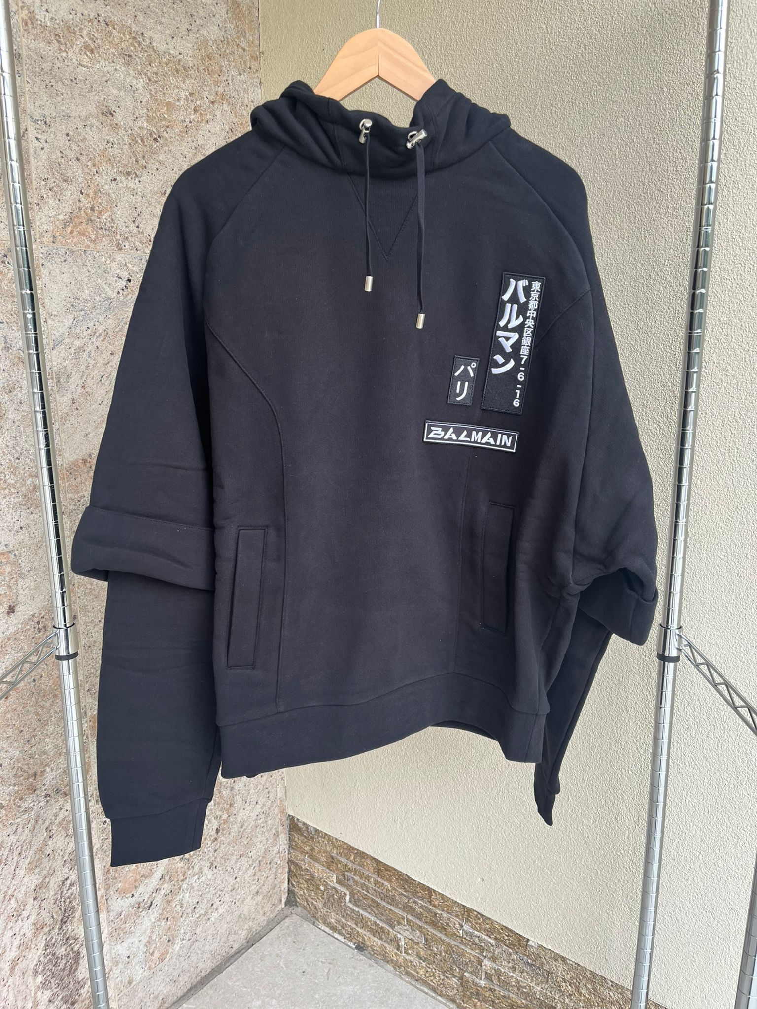 Balmain Layered Sleeve Tokyo Embroidered Logo Hoodie in Black Size US M / EU 48-50 / 2 - 2 Thumbnail