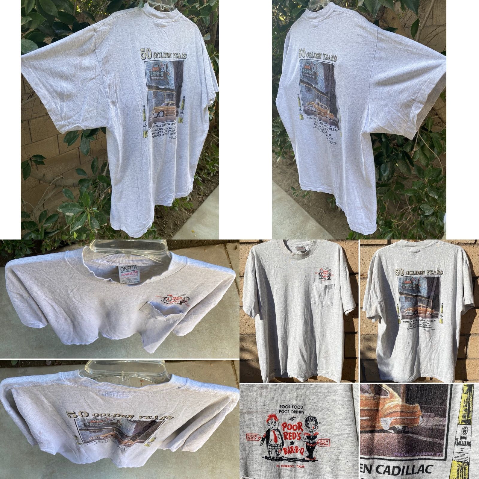 Vintage VINTAGE Oneita Poor Reds BarBQ 50 Golden Years Pocket Tee XL Red Mens T-Shirt California Cars 1990s Size US XL / EU 56 / 4 - 8 Thumbnail