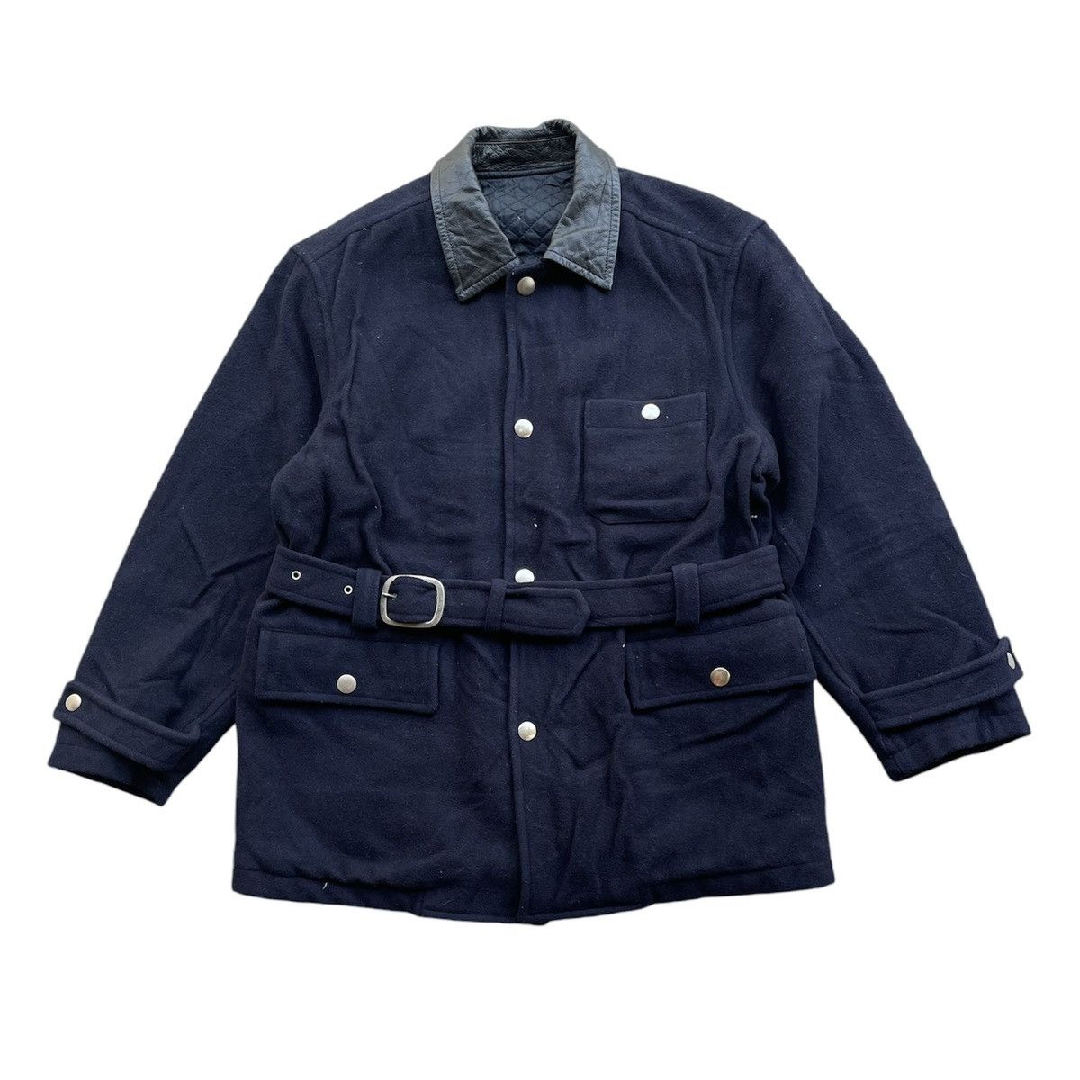 Comme des Garcons AW1990 CDG Homme Leather Collar Wool Belted Jacket Size US M / EU 48-50 / 2 - 1 Thumbnail