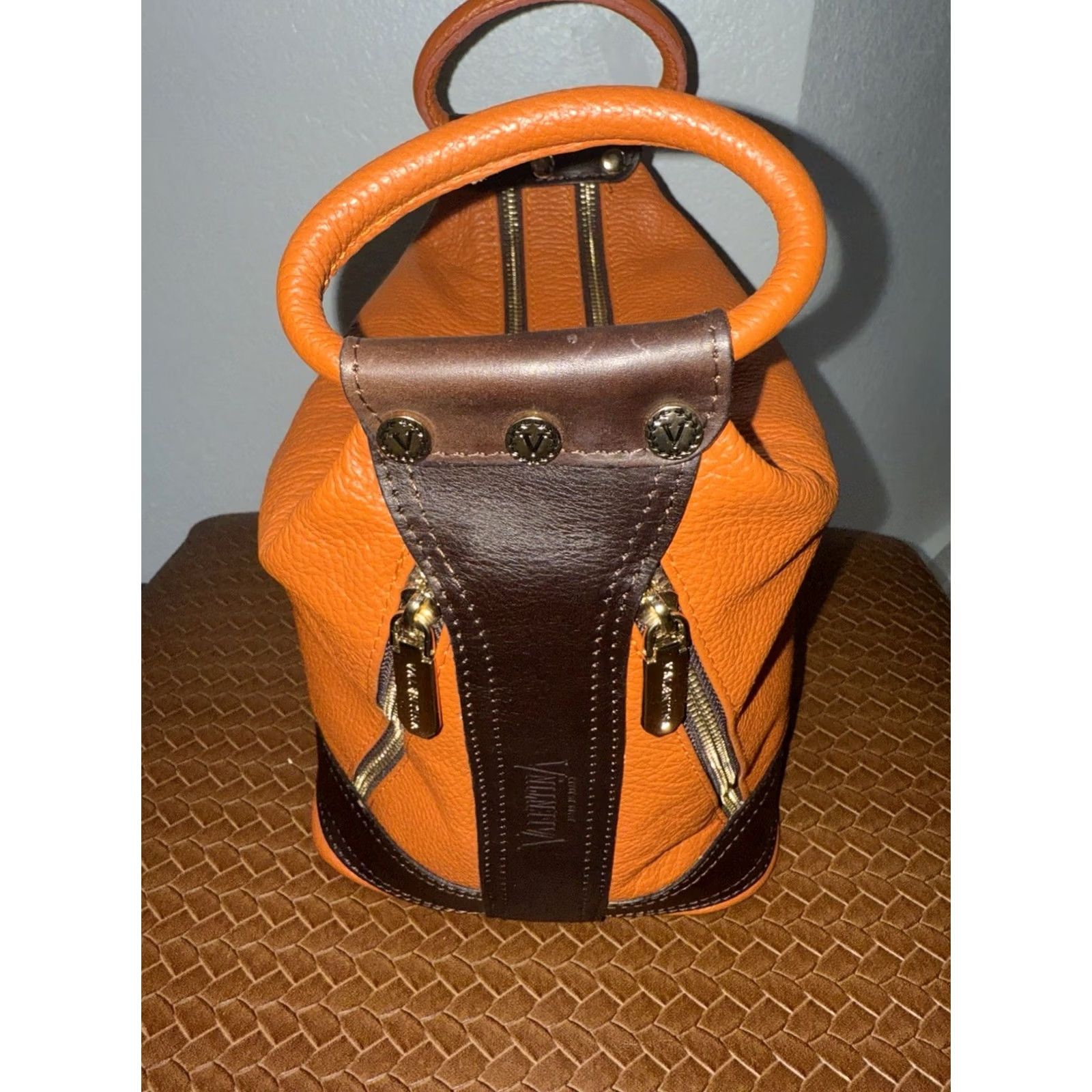 Vintage Valentina Leather Handbag Satchel Purse Italy Women Double Handles Zip 4 Zip Orange Brown Size ONE SIZE - 5 Thumbnail