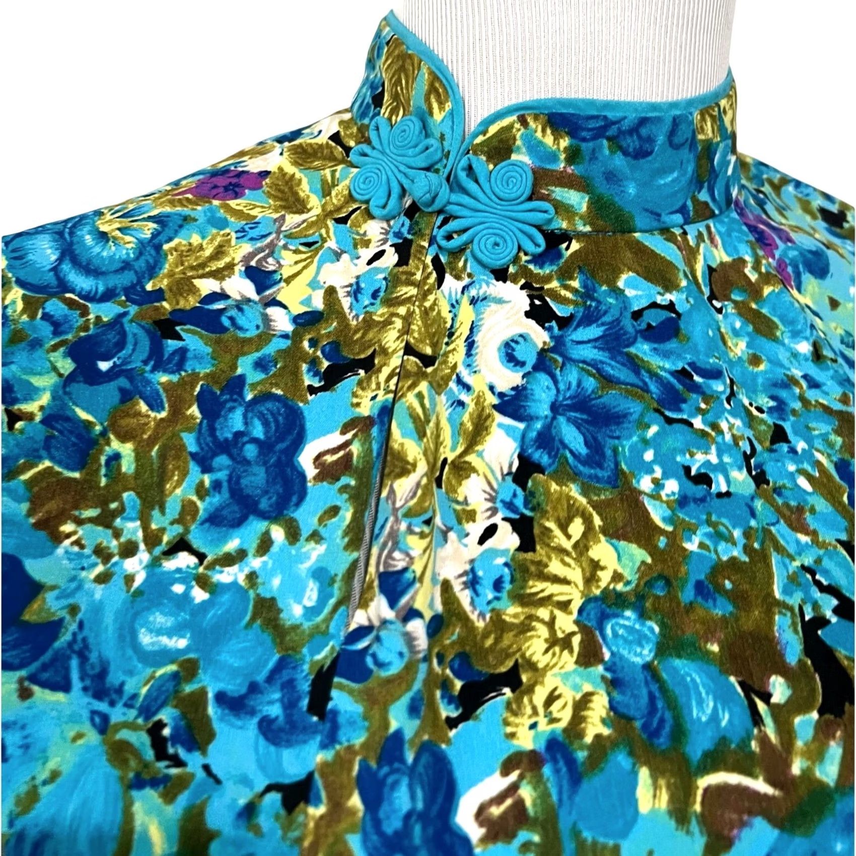 Vintage Jane Story Asian Women’s Dress Blue Floral Mandarin Collar 165/88A Sz L Size L / US 10 / IT 46 - 3 Thumbnail