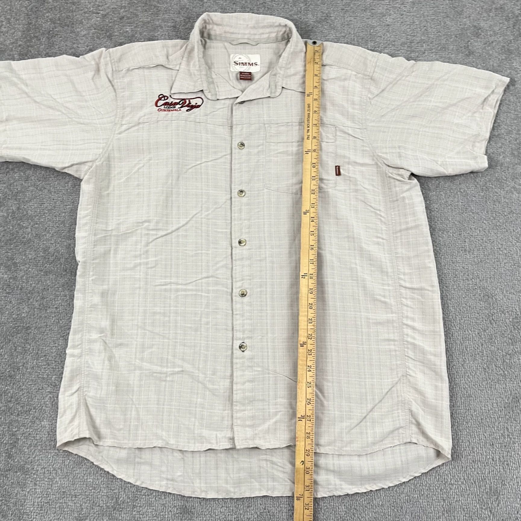 Vintage Simms Shirt Mens XL Beige Brown Fishing Button Up Short Sleeve Guatemala Lodge Size US XL / EU 56 / 4 - 5 Thumbnail