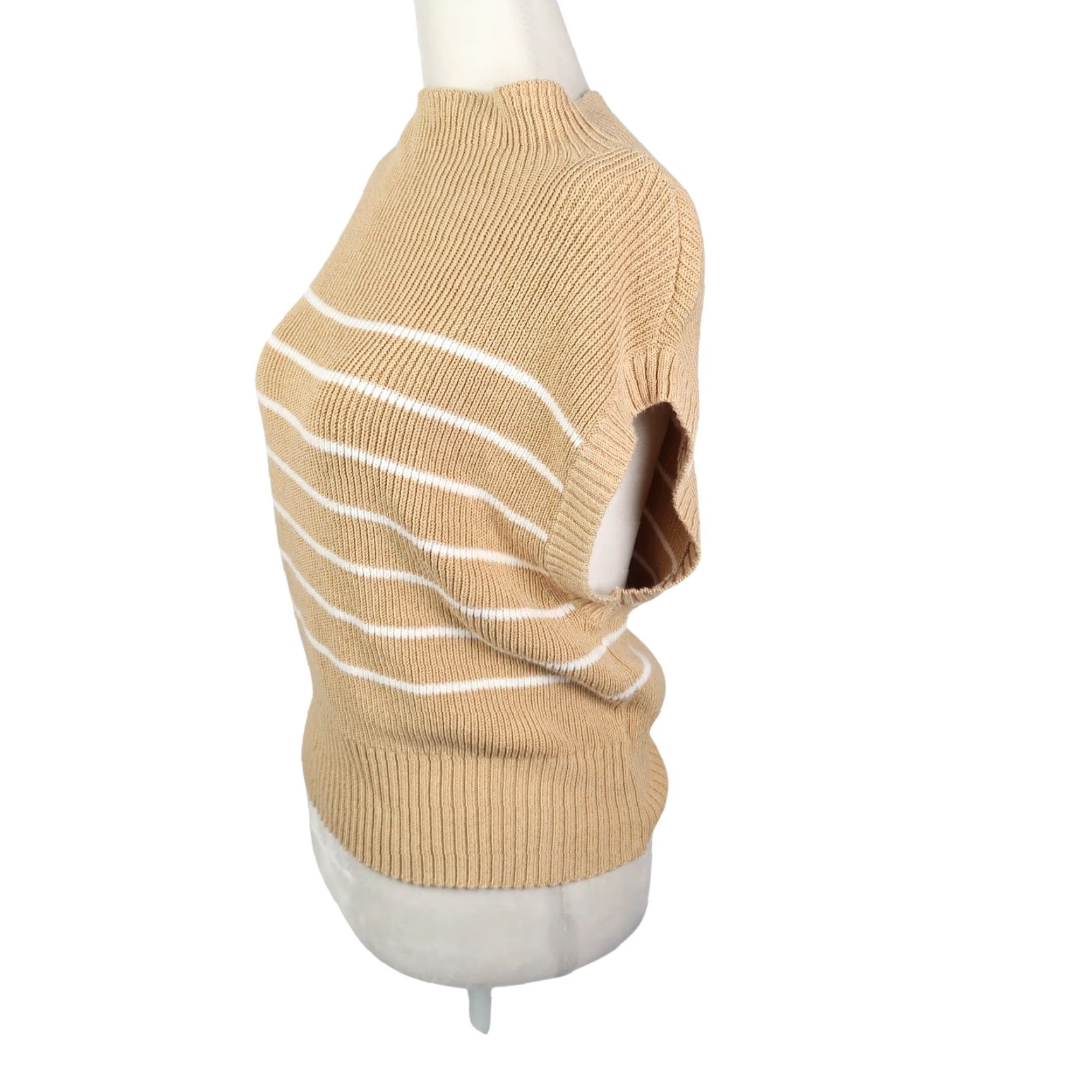 Vintage Maeve Anthropologie Tan White Stripe Amara Mockneck Sleeveless Sweater Vest XS Ladies Vest Striped Knit Cotton Casual XS Women Size XS / US 0-2 / IT 36-38 - 3 Thumbnail