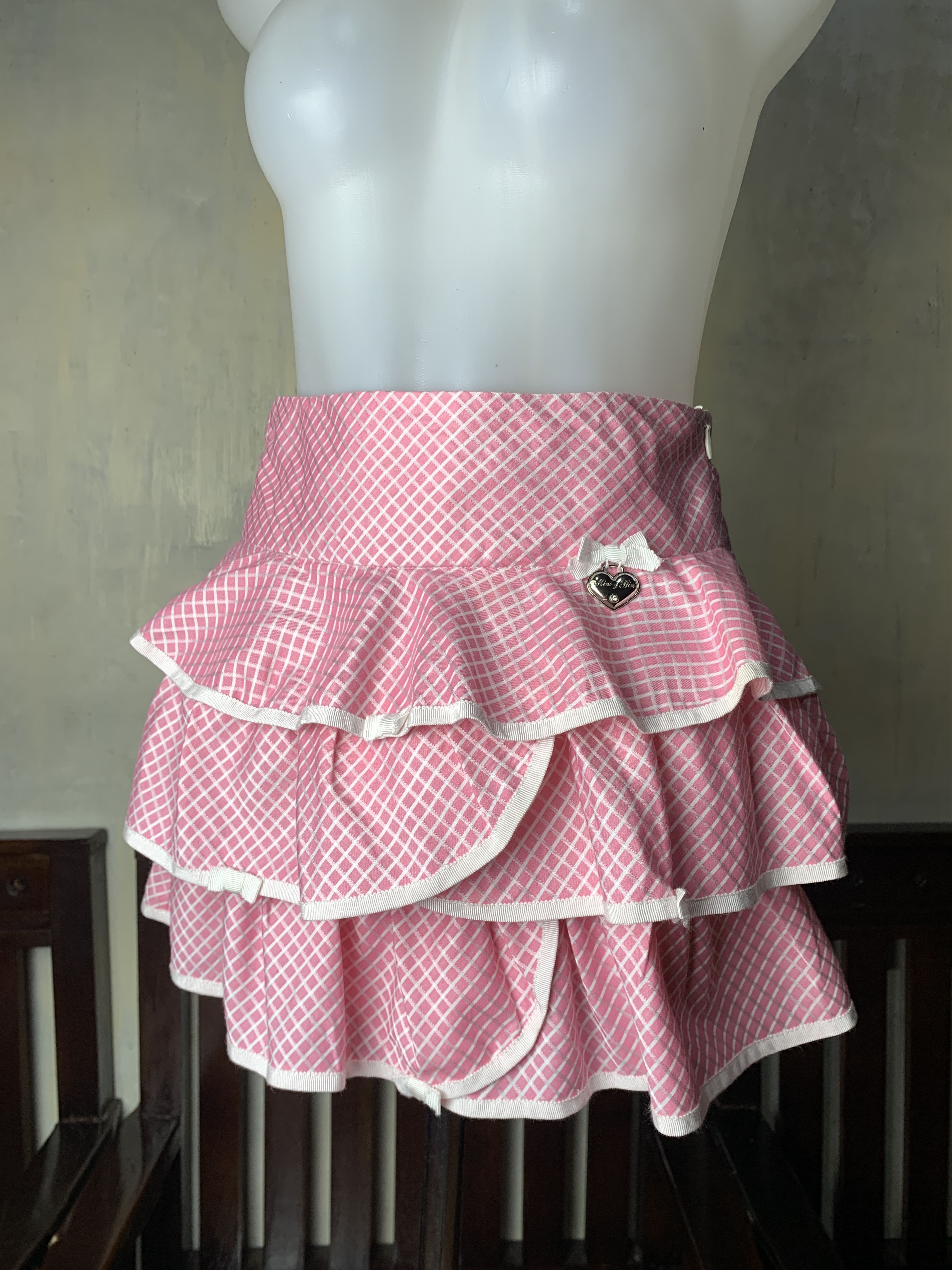 Japanese Brand Mini-J Pink Grid Plaid Ribbon Ruffle Mini Skirt (25) Size 25" / US 0 / IT 36 - 2 Thumbnail