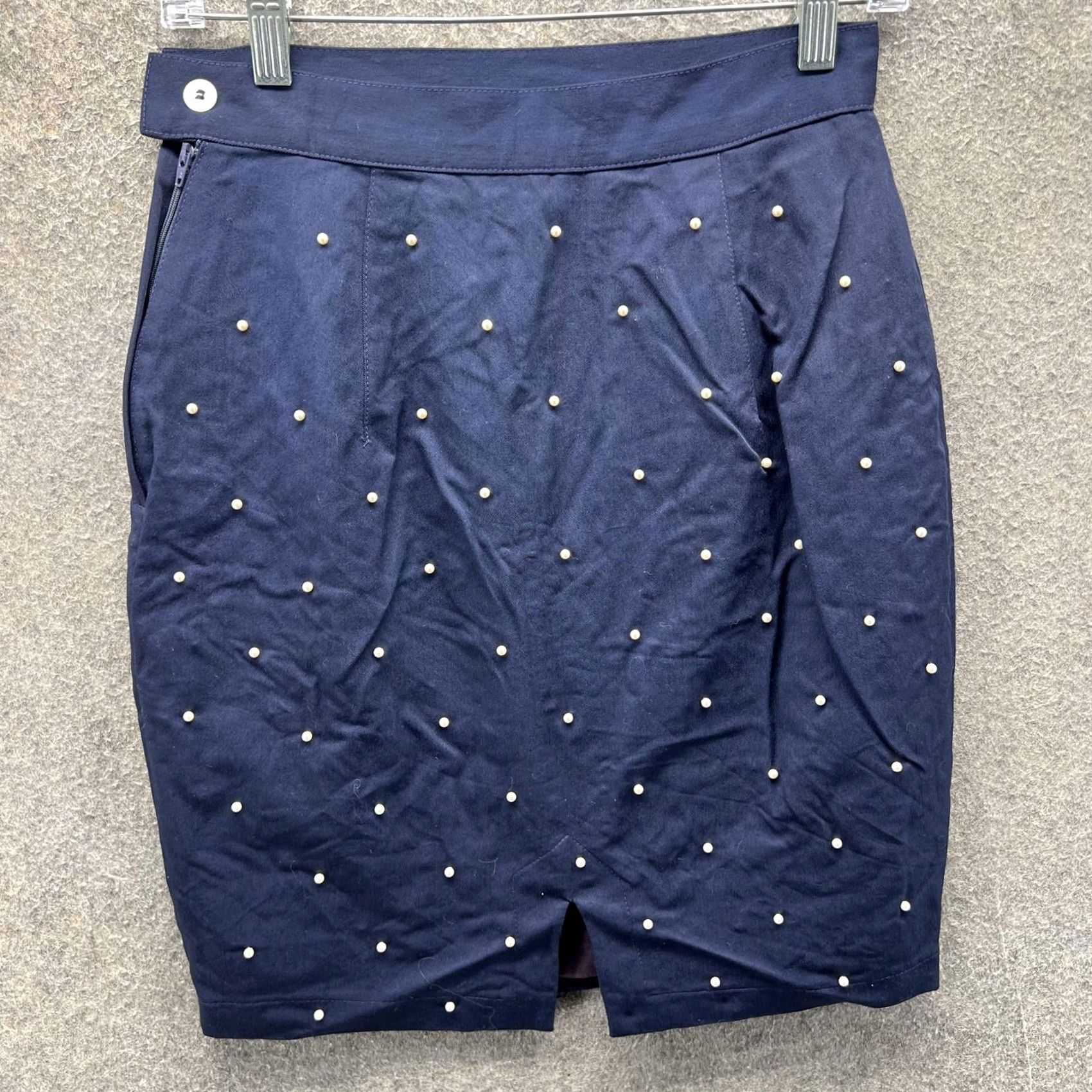 Vintage Tina Hagen Skirt Womens Small Navy Beaded Polka Dot Pencil Stretch Short USA Size 28" / US 6 / IT 42 - 6 Thumbnail