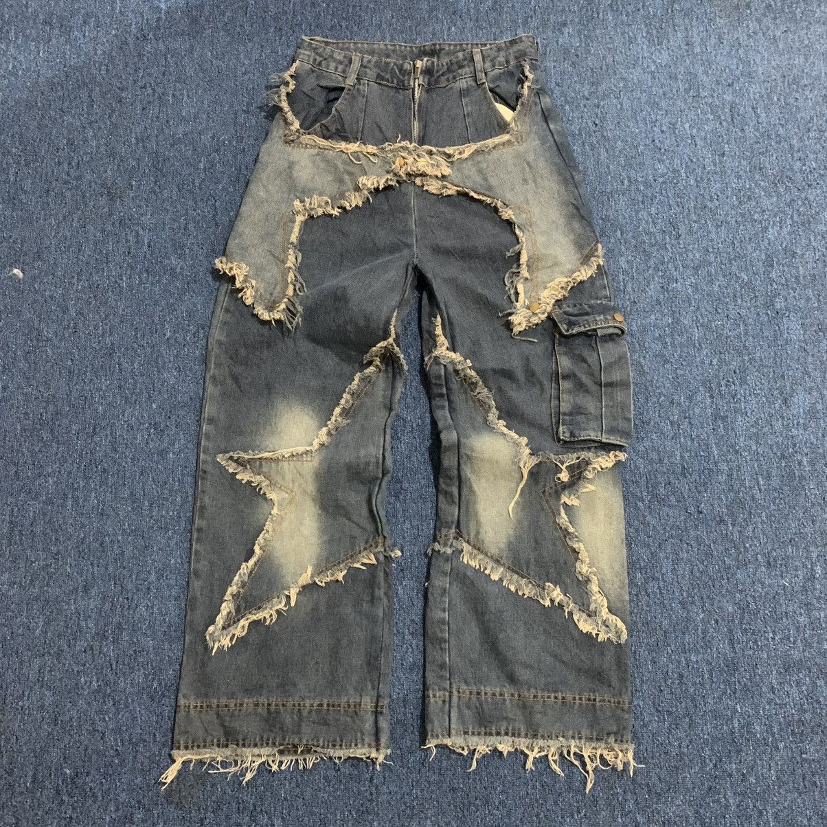 Japanese Brand Distressed patchwork star denim wide-leg jeans blue Size US 29 - 3 Thumbnail