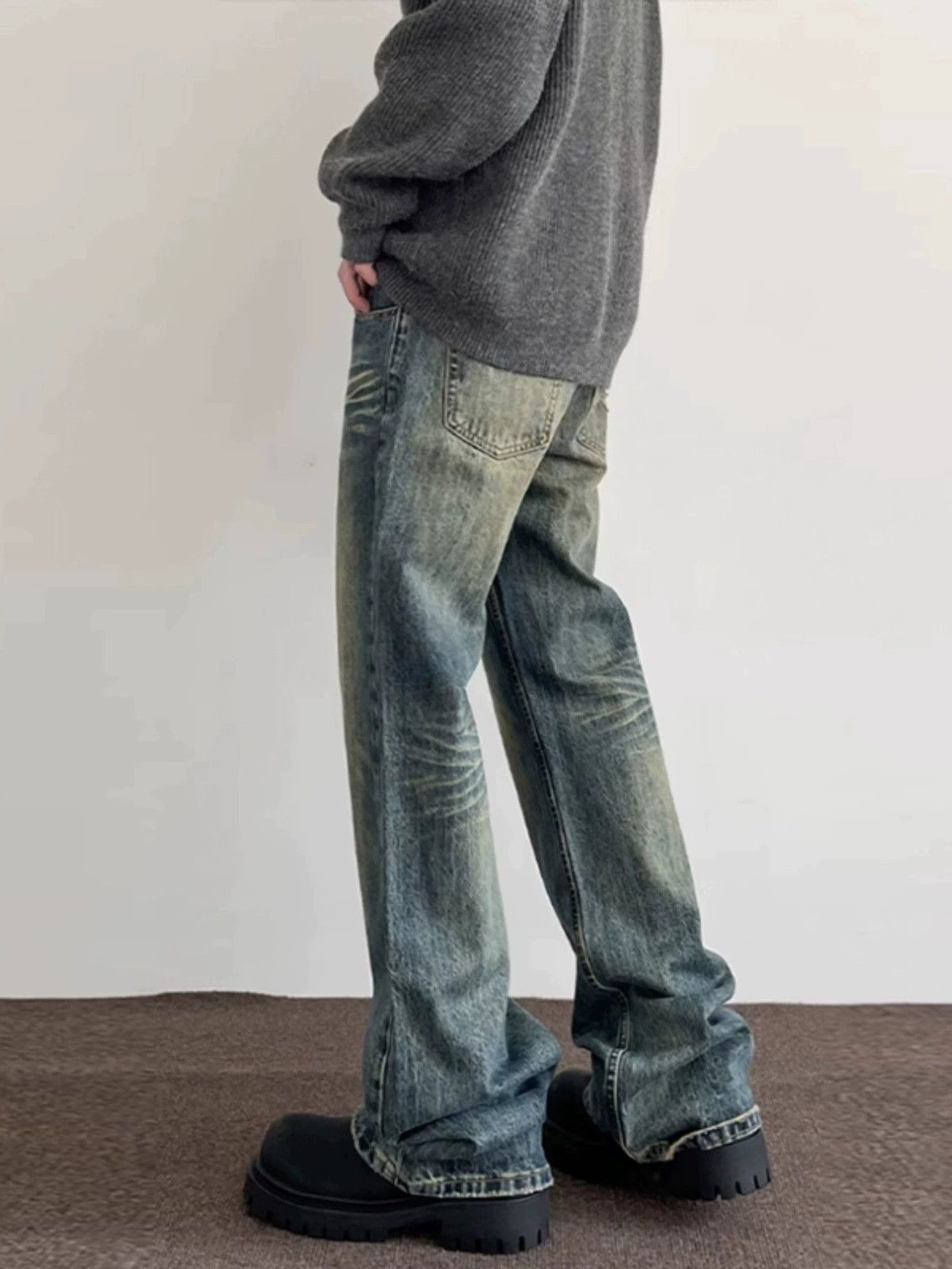 Vintage Street washed distressed men's retro cleanfit flared jeans Size US 32 / EU 48 - 4 Thumbnail