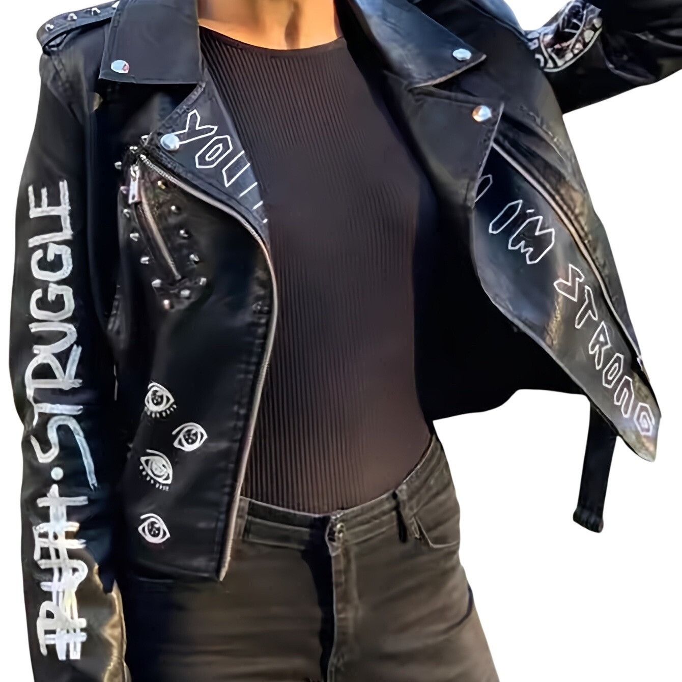 Other Black Punk Rock Graphic Studded Belted Vegan Leather Jacket Size M / US 6-8 / IT 42-44 - 15 Thumbnail