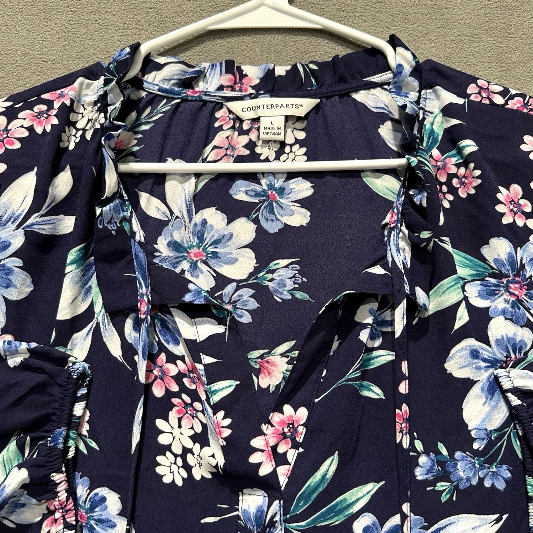 Vintage Counterparts Blouse Womens Blue Floral Print Split Neck Tunic 3/4 Sleeve Large Size L Size L / US 10 / IT 46 - 3 Thumbnail