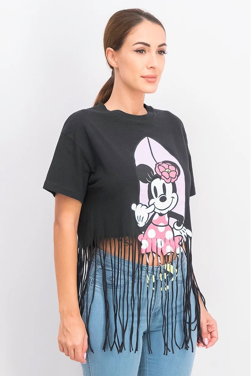 Mickey Mouse 💥Bershka crop top t-shirt with fringes Disney Minnie Size M / US 6-8 / IT 42-44 - 1 Thumbnail