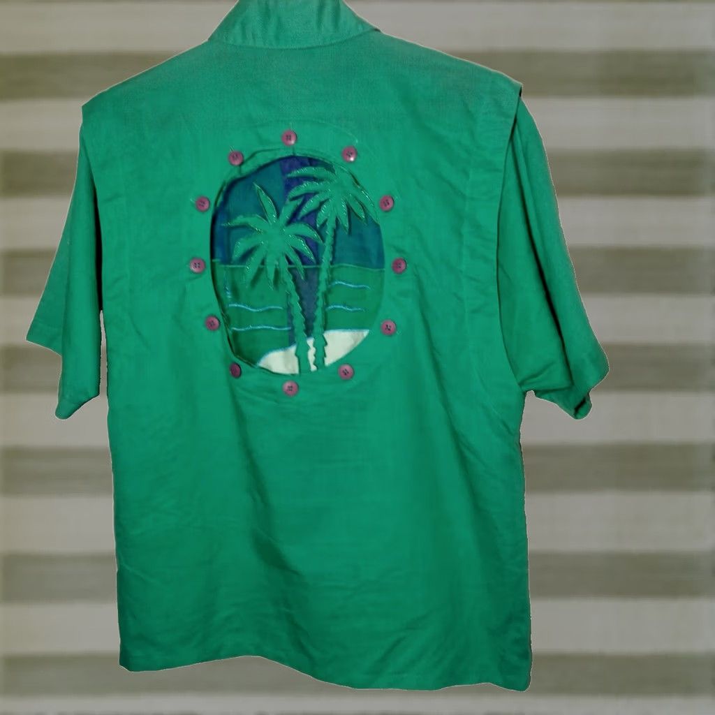 Vintage Bonnie Boerer Unlimited Blouse S Green Button Nautical Porthole Palm Tree Cruise Beaded Accents Size S / US 4 / IT 40 - 1 Thumbnail
