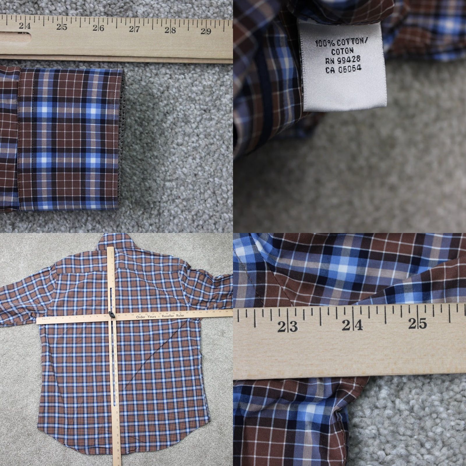 BUGATCHI Bugatchi Uomo Shirt Men Large Brown/Blue Shaped Fit Button-Up Long Sleeve Cotton Plaid Collar Spread Size US L / EU 52-54 / 3 - 8 Thumbnail