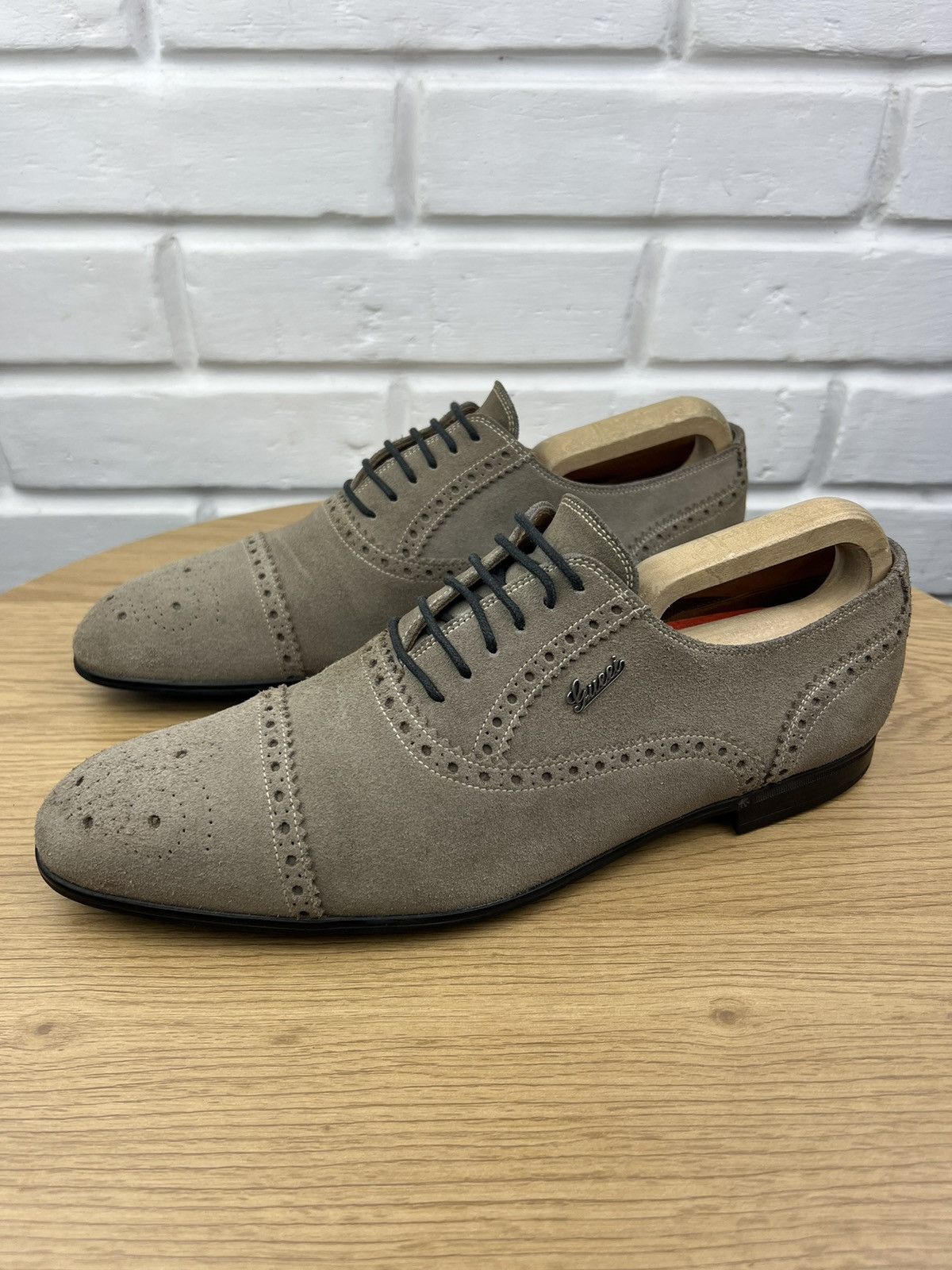 Gucci GUCCI Oxfords Suede Shoes Wingtip Lace Up Metal Logo Beige Size US 9.5 / EU 42-43 - 5 Thumbnail
