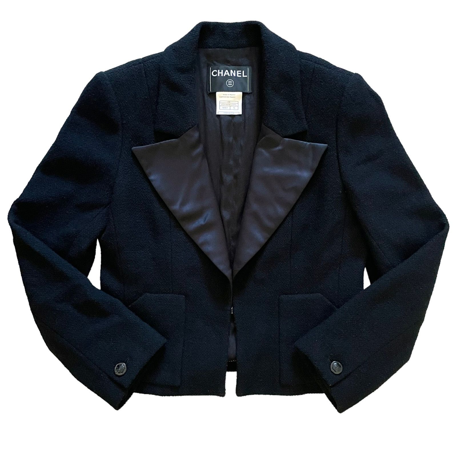 CHANEL Vintage Boucle Black Wool Boucle Dinner Jacket Blazer
