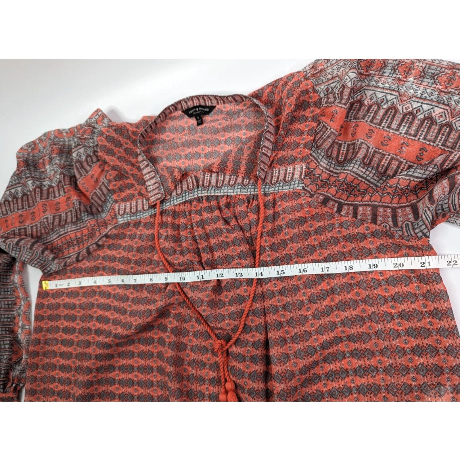 Lucky Brand Lucky Brand Women's Blouse Long Sleeve V-Neck Lace Up Peasant Border Print Coral Tassels Size S Size S / US 4 / IT 40 - 7 Thumbnail
