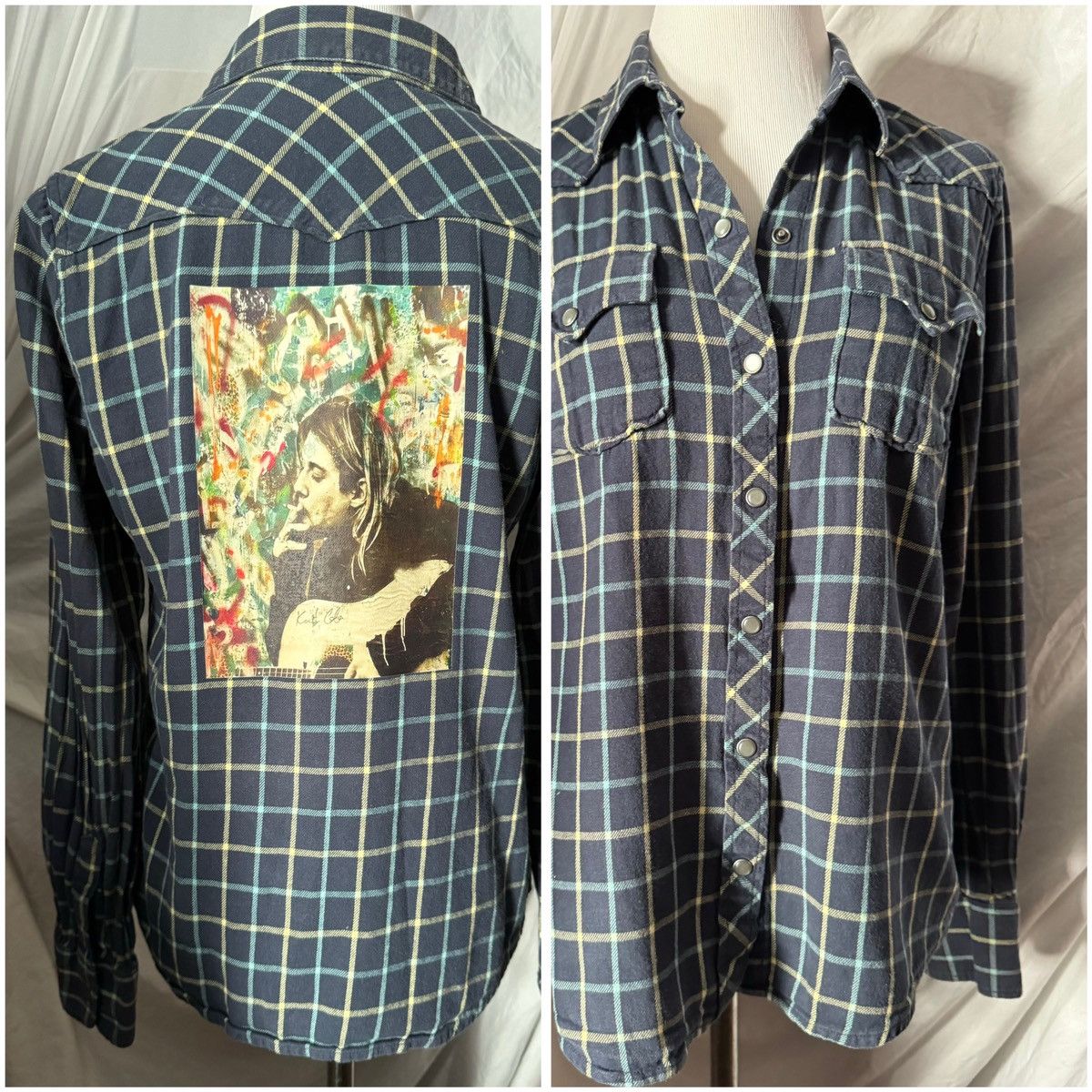 Vintage Vintage, Custom Kurt Cobain Art, Plaid Button Up Size ONE SIZE - 4 Thumbnail