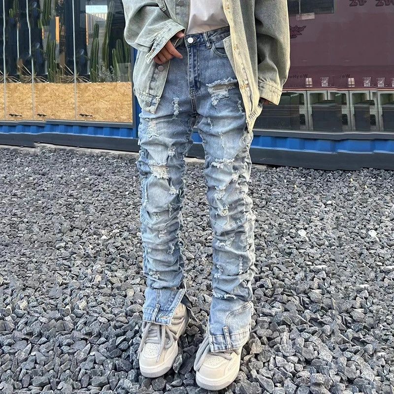 image of Blue Color Worn Out Pleated Distressed Denim Pant, Men's (Size 29)